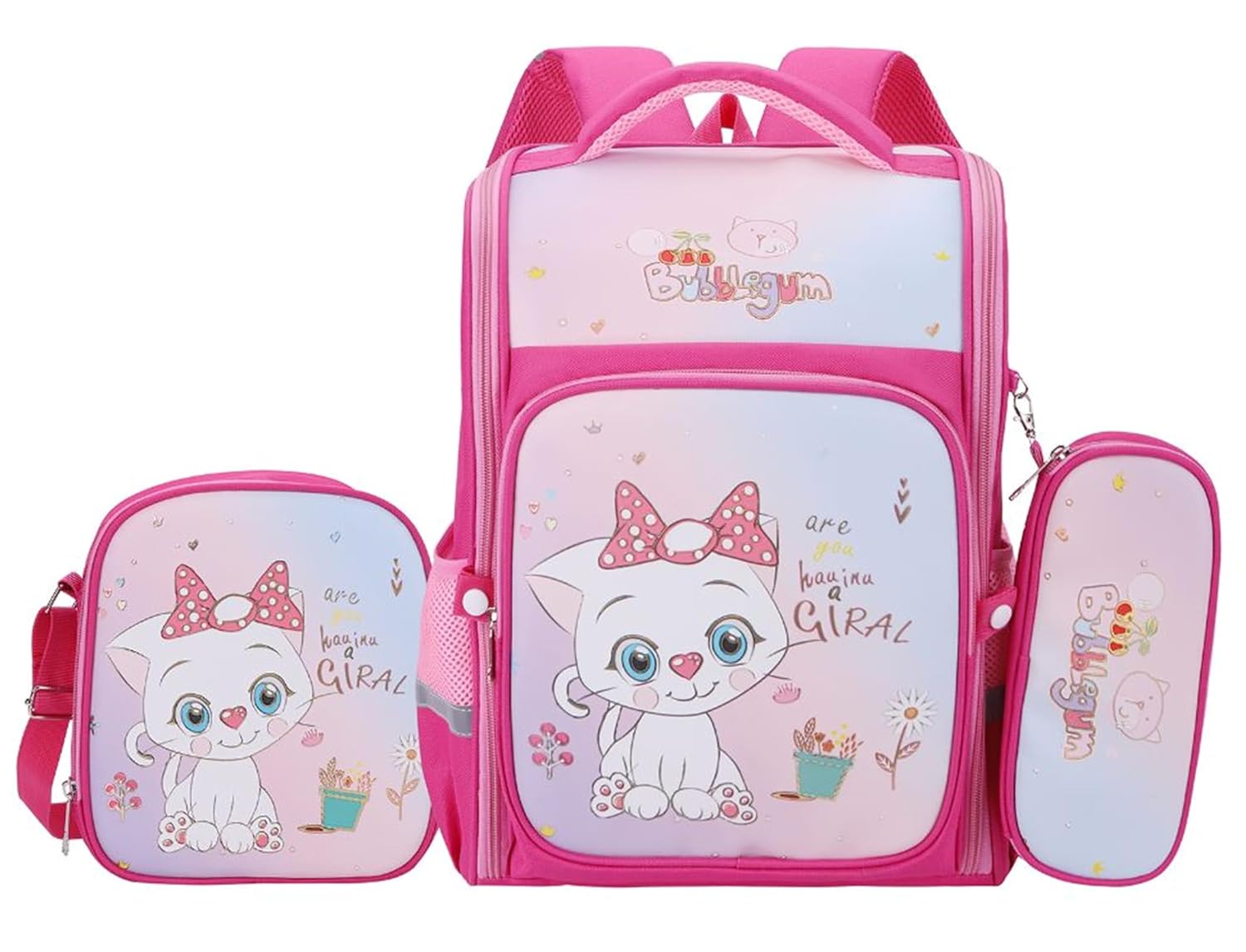 Kids' School Bag 3-Piece Set: Assorted Cartoon Characters Backpack with Matching Lunch Bag & Pencil Case - Durable & Fun for Boys & Girls (2 Chain with 2 Side Pocket)