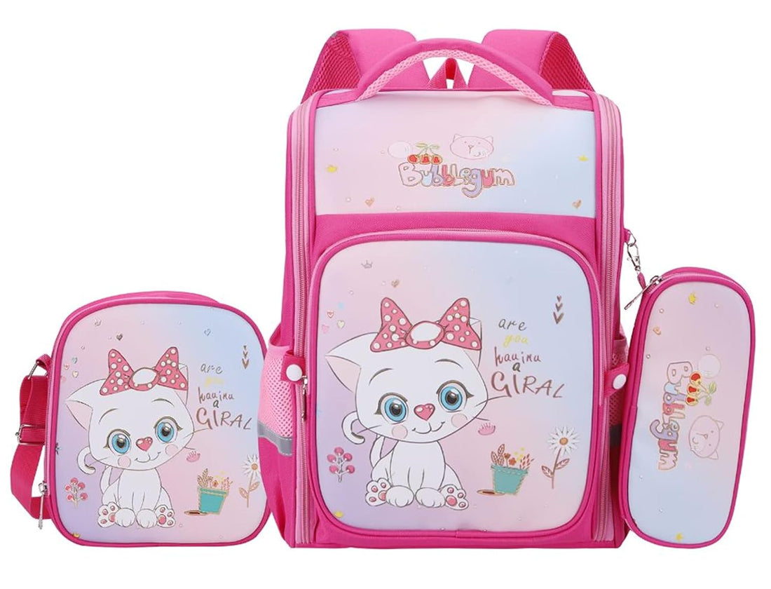 Kids' School Bag 3-Piece Set: Assorted Cartoon Characters Backpack with Matching Lunch Bag & Pencil Case - Durable & Fun for Boys & Girls (2 Chain with 2 Side Pocket)