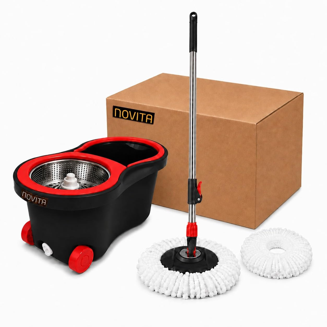 Novita 360° Spin Mop Bucket Set | Steel Jali with Heavy Smart System | Easy Rinse | Telescopic Microfiber Mop |1+1 Refill | Pocha | Wheels | Removes Over 99%* Bacteria- (Red & Black)