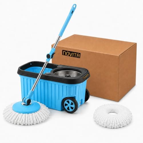Novita 360° Spin Mop Bucket Set | Steel Jali with Heavy Smart System | Easy Rinse | Telescopic Microfiber Mop & Soap Dispenser |1+1 Refill | Pocha | Big Wheels | Removes Over 99%* Bacteria- (Blue)