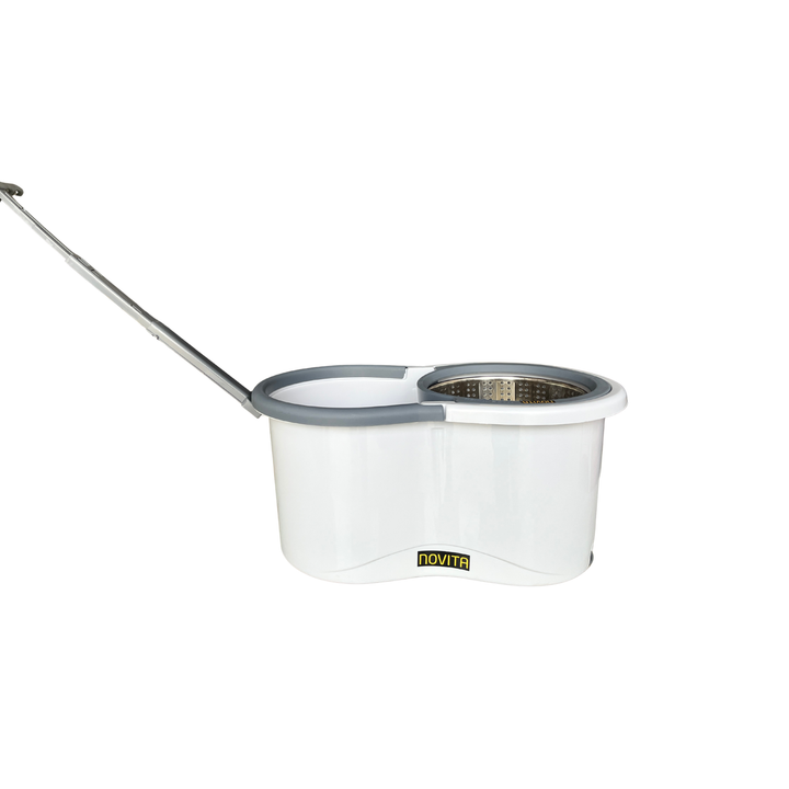 NOVITA 360° Spin Mop Bucket Combo with Steel Handle, Microfiber Refill, Drain System & Wheels – White & Grey