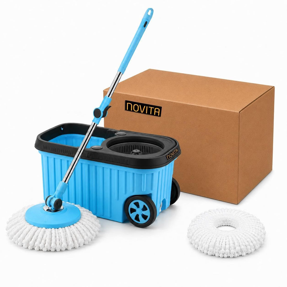 Novita 360° Spin Mop Bucket Set | Plastic Jali with Heavy Smart System | Easy Rinse | Telescopic Microfiber Mop |1+1 Refill | Pocha | Big Wheels | Removes Over 99%* Bacteria- (Blue)