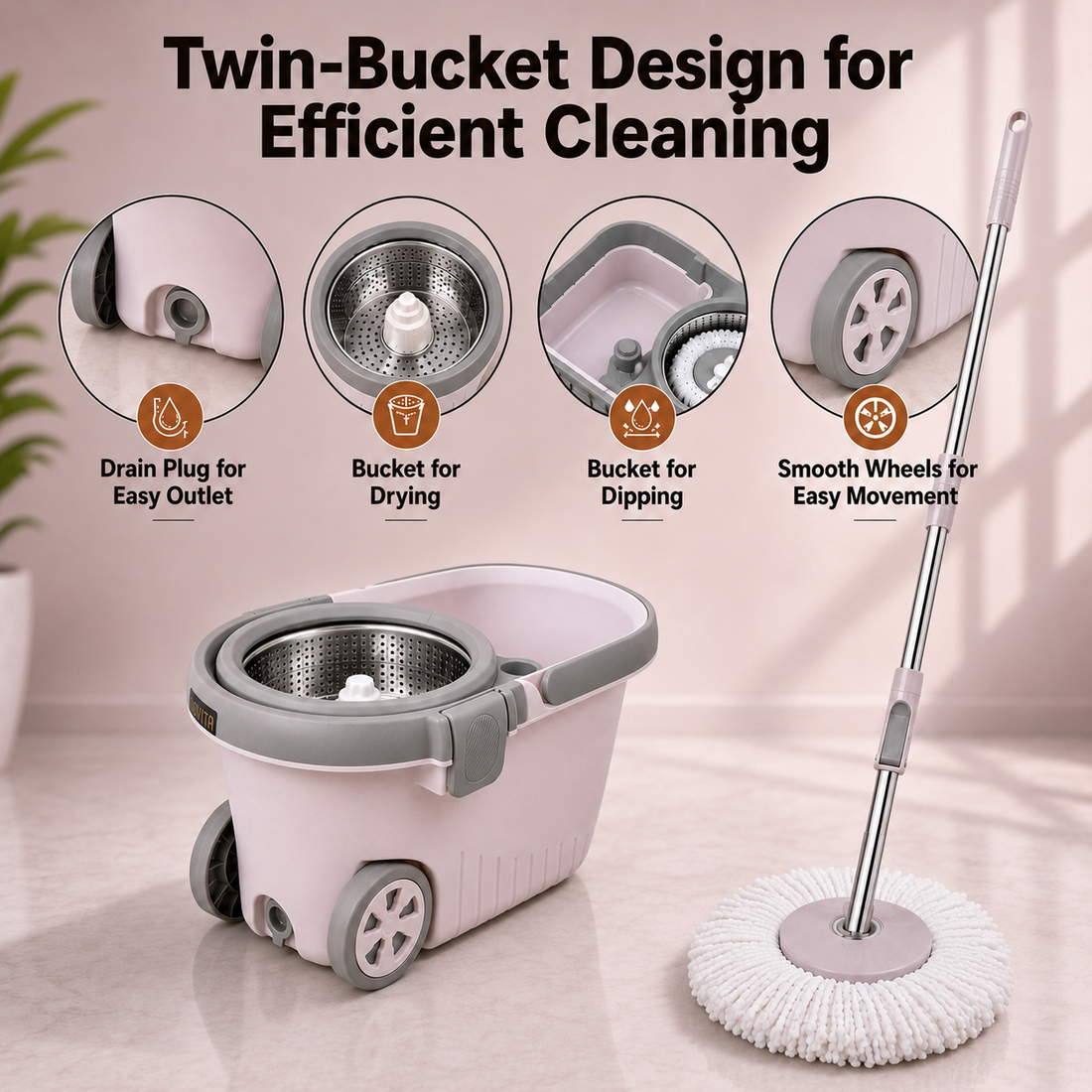 Novita Premium 360° Spin Mop Bucket Set | Steel Jali with Heavy Smart System | Easy Rinse | Telescopic Microfiber Mop & Soap Dispenser |1+1 Refill | Pocha | Big Wheels | Removes Over 99%* Bacteria