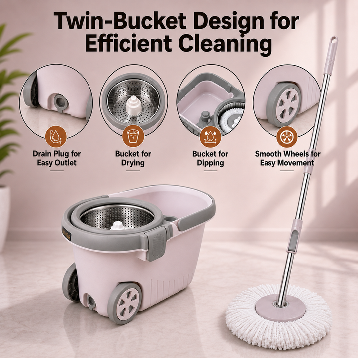Novita Premium 360° Spin Mop Bucket Set | Steel Jali with Heavy Smart System | Easy Rinse | Telescopic Microfiber Mop & Soap Dispenser |1+1 Refill | Pocha | Big Wheels | Removes Over 99%* Bacteria
