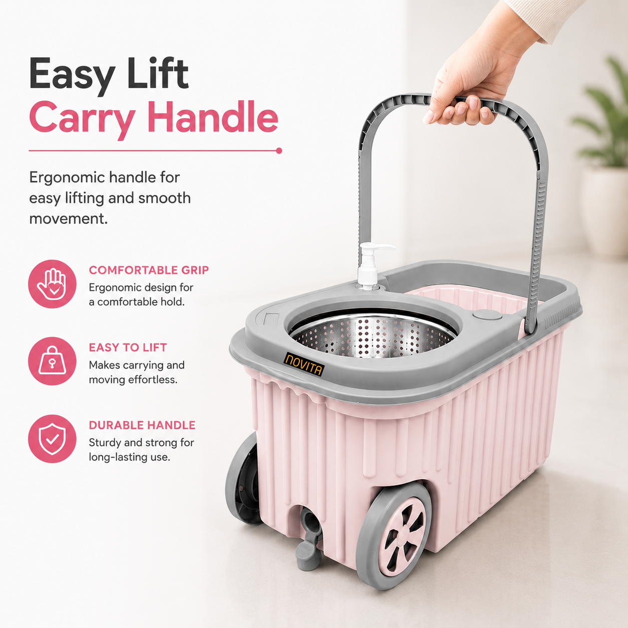 Novita Premium 360° Spin Mop Bucket Set | Steel Jali with Heavy Smart System | Easy Rinse | Telescopic Microfiber Mop & Soap Dispenser |1+1 Refill | Pocha | Big Wheels | Removes Over 99%* Bacteria