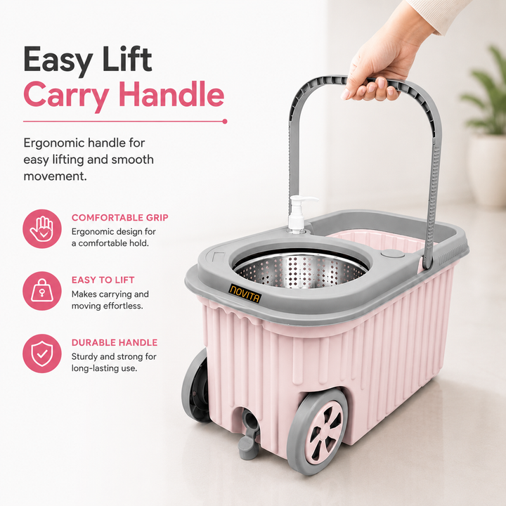 Novita Premium 360° Spin Mop Bucket Set | Steel Jali with Heavy Smart System | Easy Rinse | Telescopic Microfiber Mop & Soap Dispenser |1+1 Refill | Pocha | Big Wheels | Removes Over 99%* Bacteria