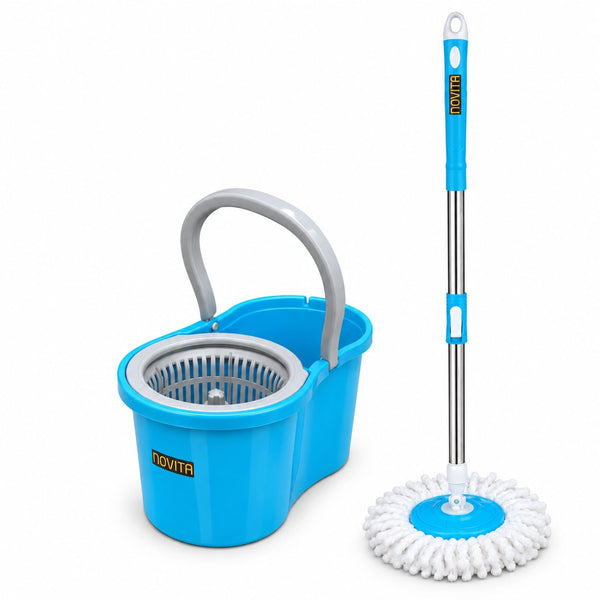 Novita Lite Bucket Spin Mop Set with Easy Wring & Rinse System | 360° Telescopic Adjustable Handle | High Absorbency Microfiber Floor Mop | Removable Wringer | Bucket Set with 1 Extra Refill (Blue)