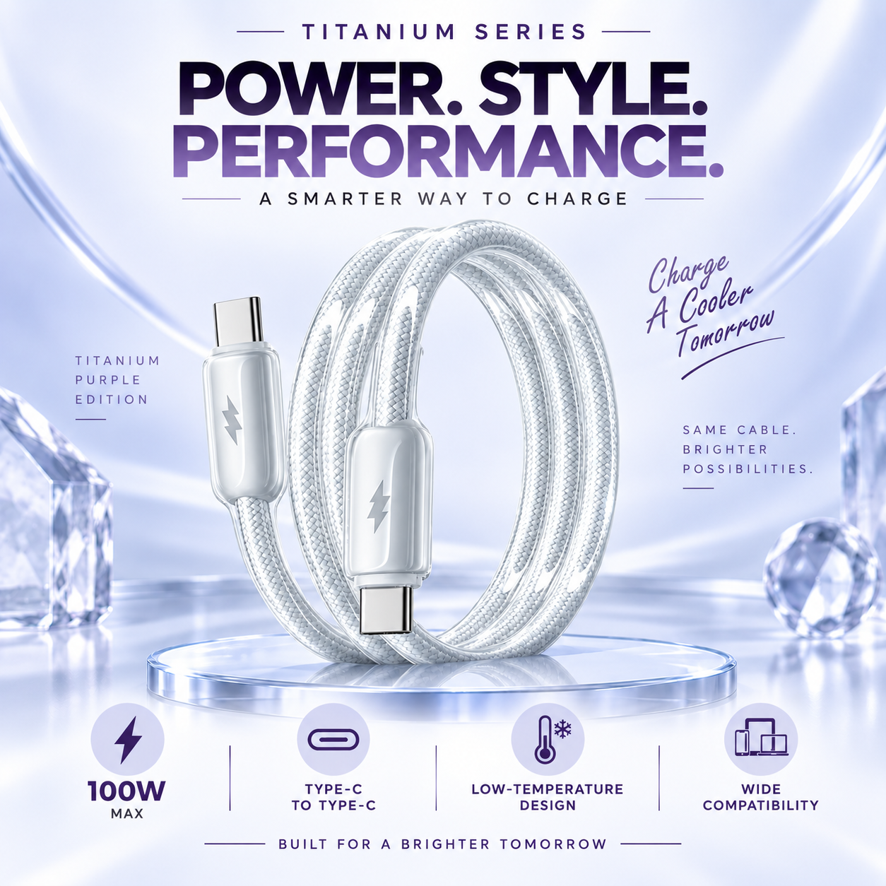 Futopia Titanium Series Low-Temperature Crystal Cable, Type-C to Type-C 100W Fast Charging, Compatible with iPhone 15–17 & Android