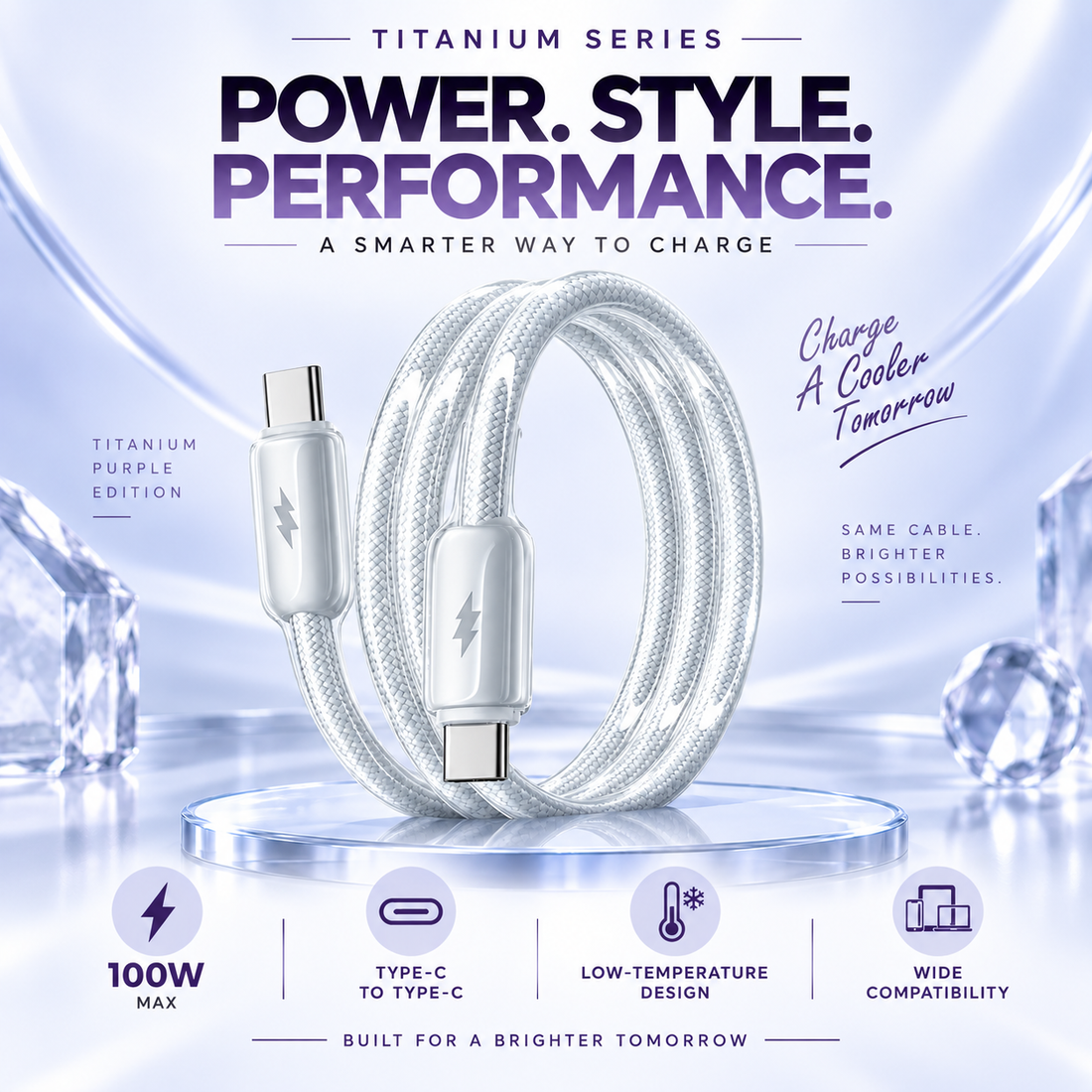 Futopia Titanium Series Low-Temperature Crystal Cable, Type-C to Type-C 100W Fast Charging, Compatible with iPhone 15–17 & Android
