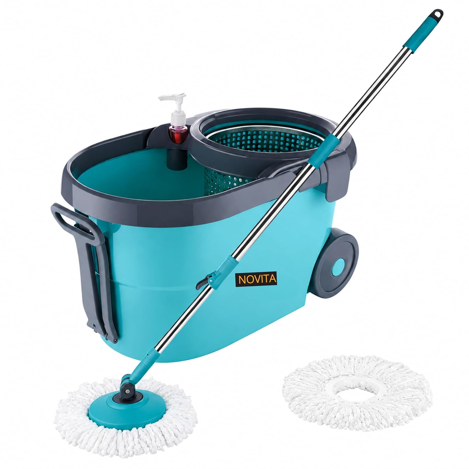NOVITA 360° Spin Mop & Bucket with Wheels Floor Cleaning Spin Mop Bucket with Large Wheels, Adjustable Handle & 2 Microfiber Refills – Blue