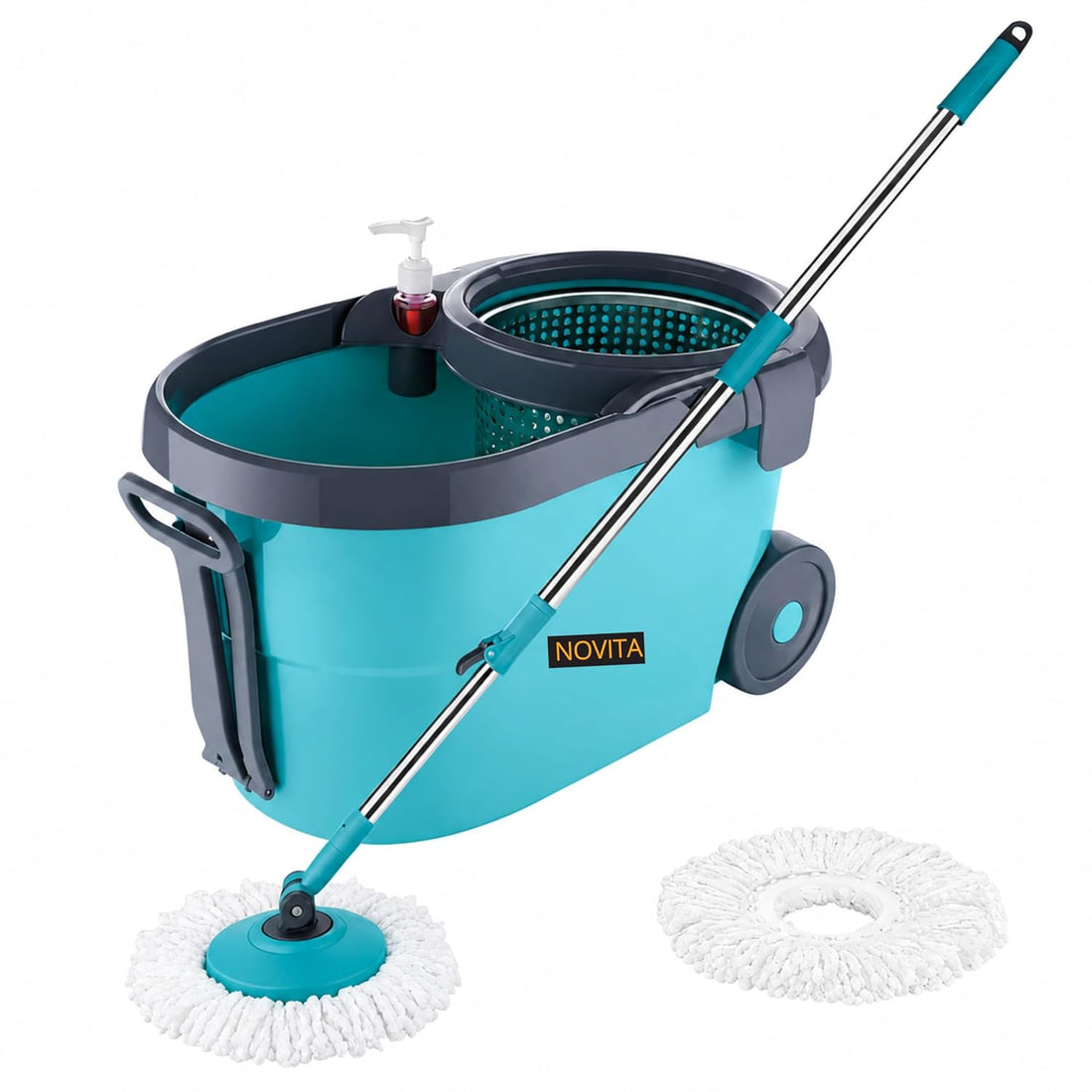 NOVITA 360° Spin Mop & Bucket with Wheels Floor Cleaning Spin Mop Bucket with Large Wheels, Adjustable Handle & 2 Microfiber Refills – Blue