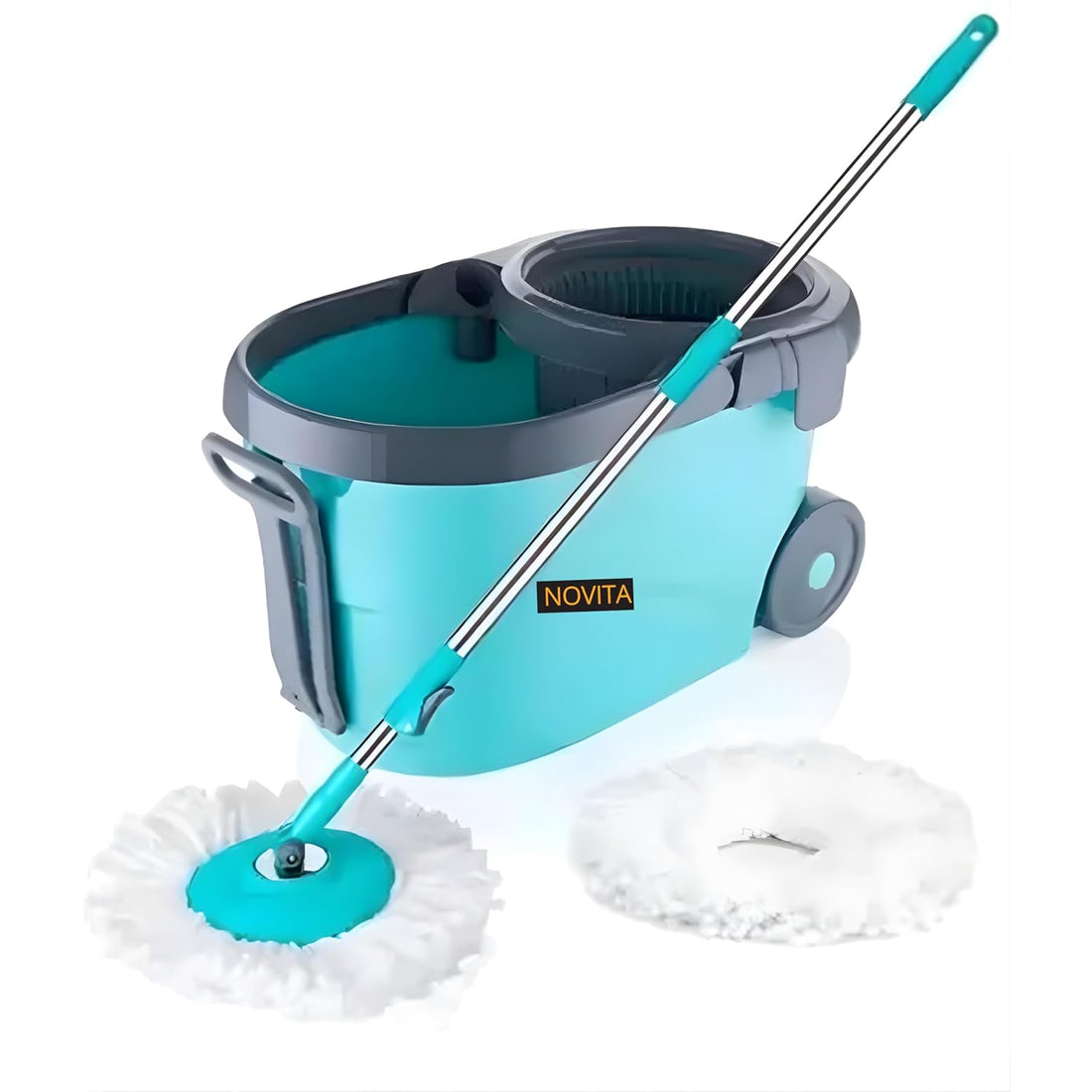 NOVITA 360° Premium Spin Mop & Bucket Combo with Stainless Steel Handle & Super-Absorbent Microfiber Heads – Blue