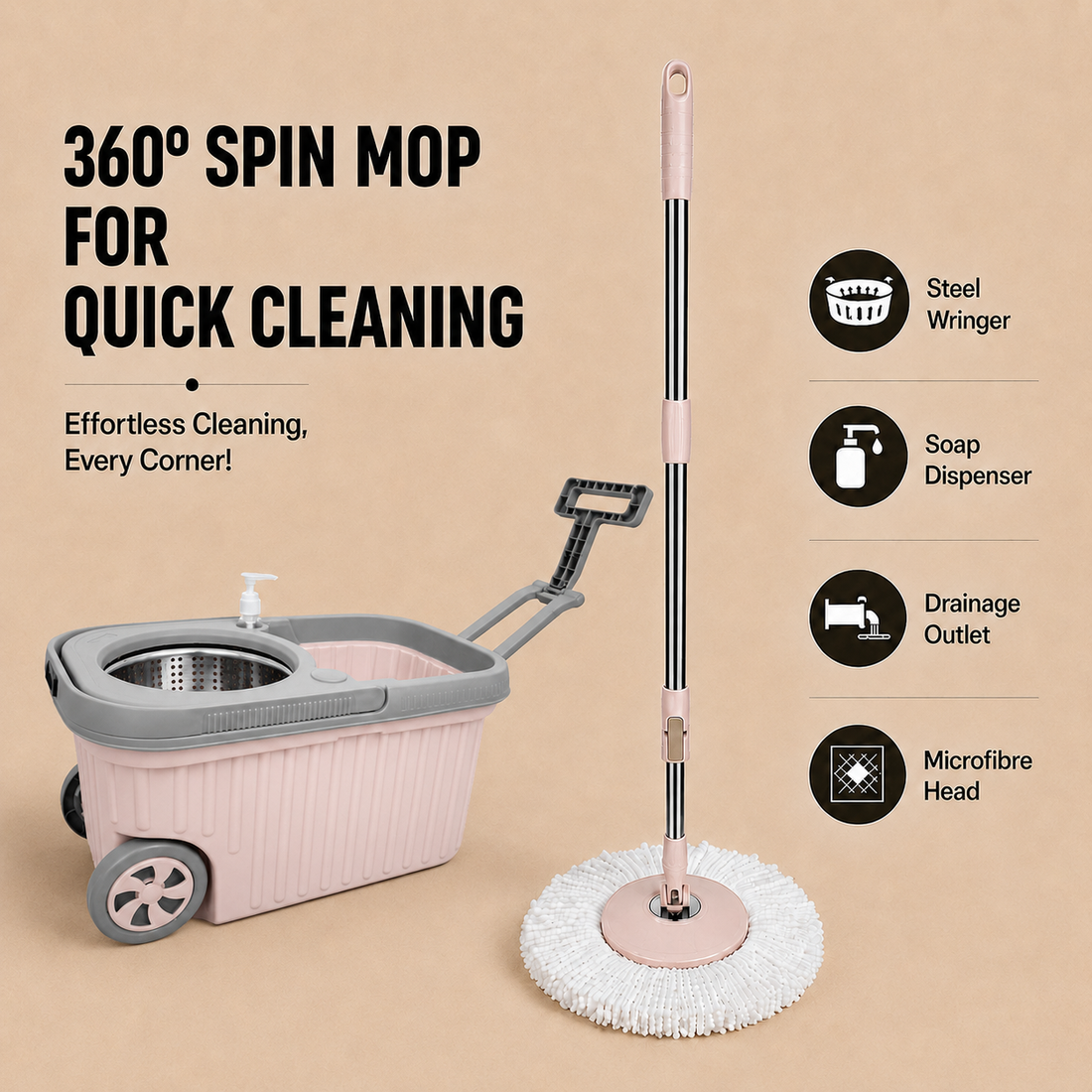 Novita Premium 360° Spin Mop Bucket Set | Steel Jali with Heavy Smart System | Easy Rinse | Telescopic Microfiber Mop & Soap Dispenser |1+1 Refill | Pocha | Big Wheels | Removes Over 99%* Bacteria