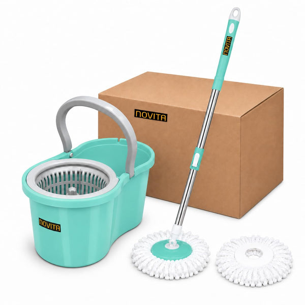 Novita Lite Twin Bucket Spin Mop with Easy Wring & Rinse System | 360° Telescopic Adjustable Handle, High Absorbency Microfiber Floor Mop | Removable Wringer Bucket Set with 1 Extra Refill (Aqua Green)