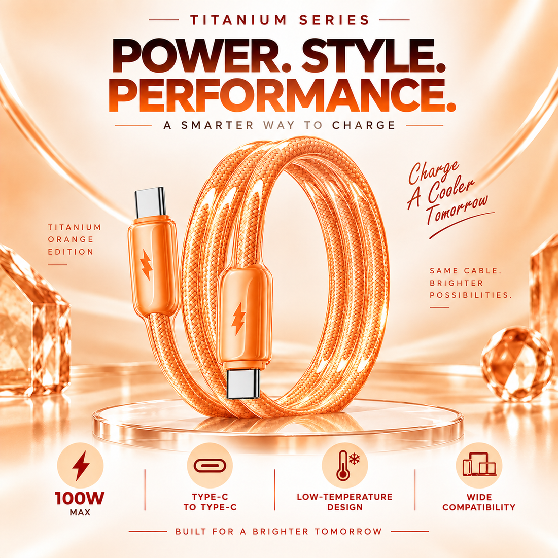 Futopia Titanium Series Low-Temperature Crystal Cable, Type-C to Type-C 100W Fast Charging, Compatible with iPhone 15–17 & Android