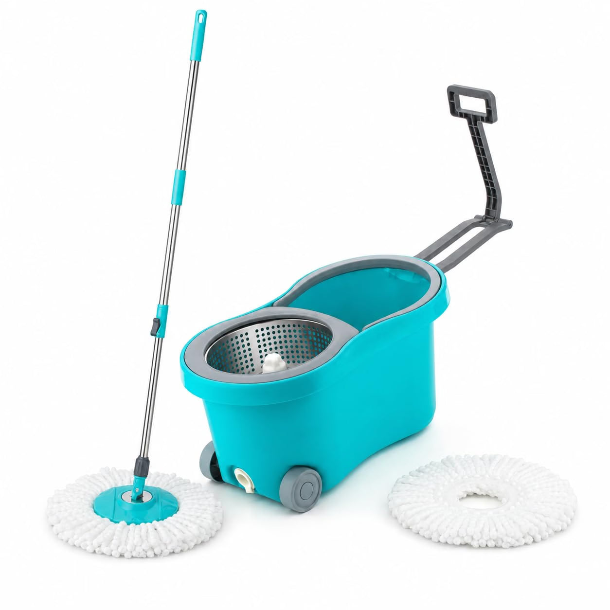 Novita 360° Spin Mop Bucket Set | Steel Jali with Heavy Smart System | Easy Rinse | Telescopic Microfiber Mop |1+1 Refill | Pocha | Wheels | Removes Over 99%* Bacteria- (Aqua Blue)