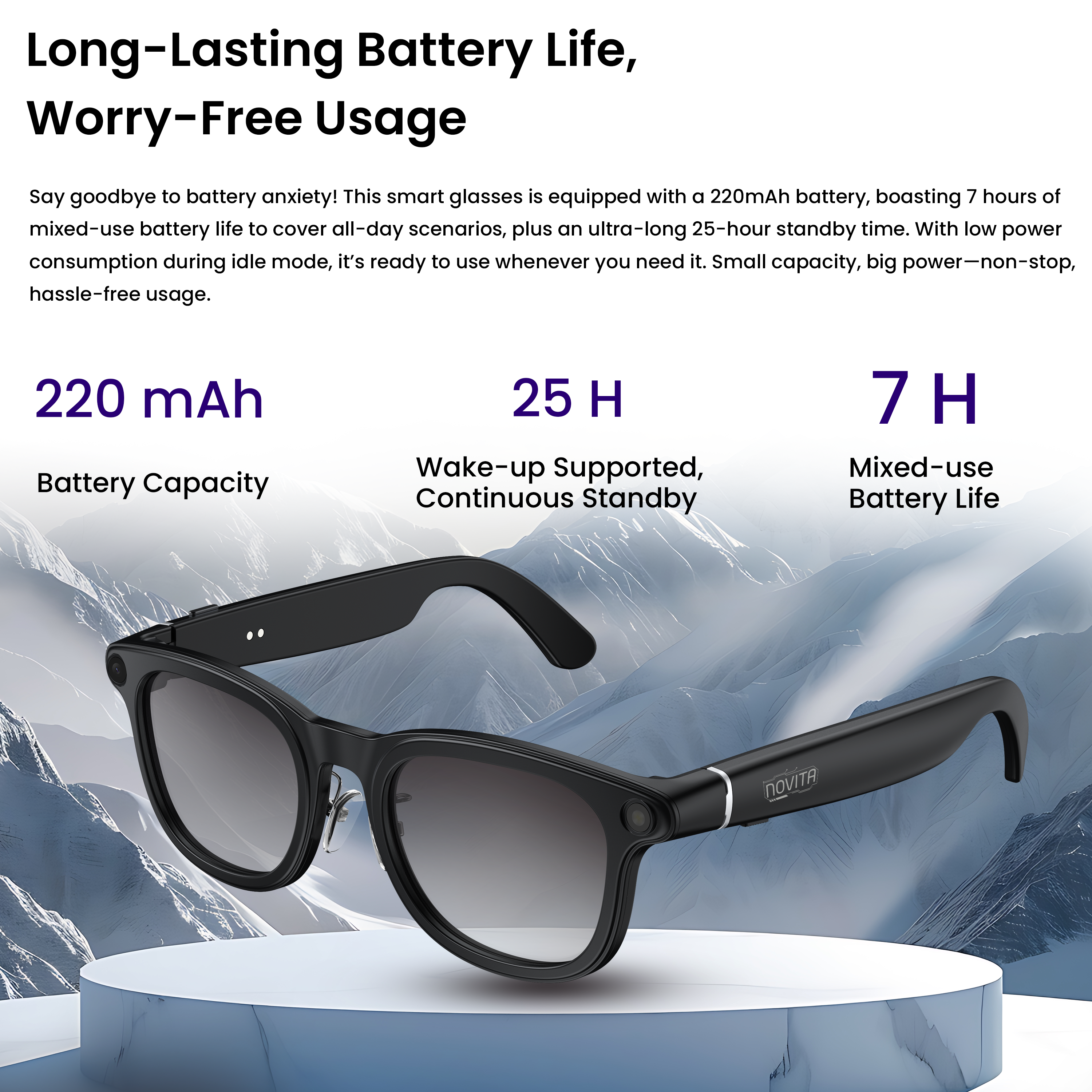 Novita Smart AI Photochromic Glasses 8MP Sony Camera Video Recording Charging Case (Black)