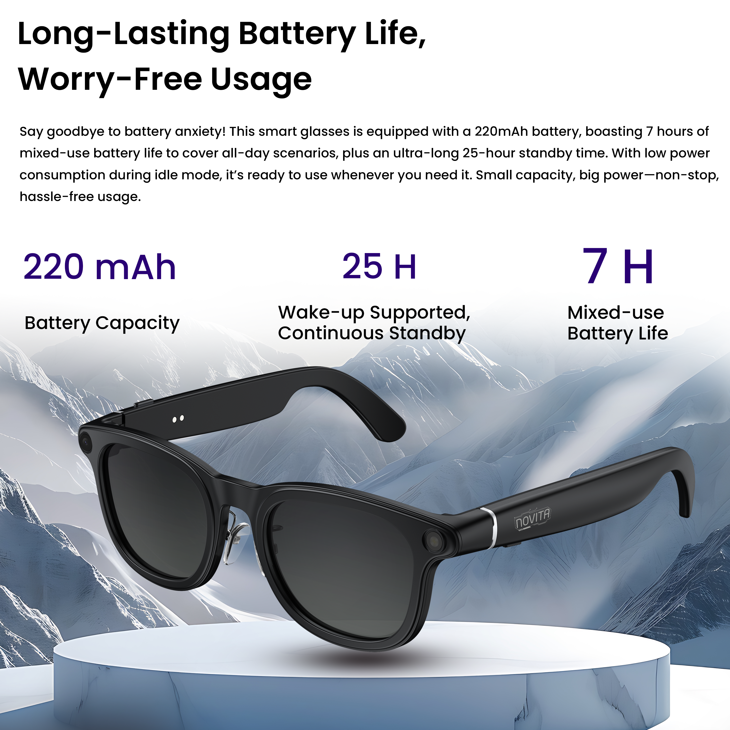 Novita Smart AI Sunglasses Glasses 8MP Sony Camera Video Recording Charging Case (Black)