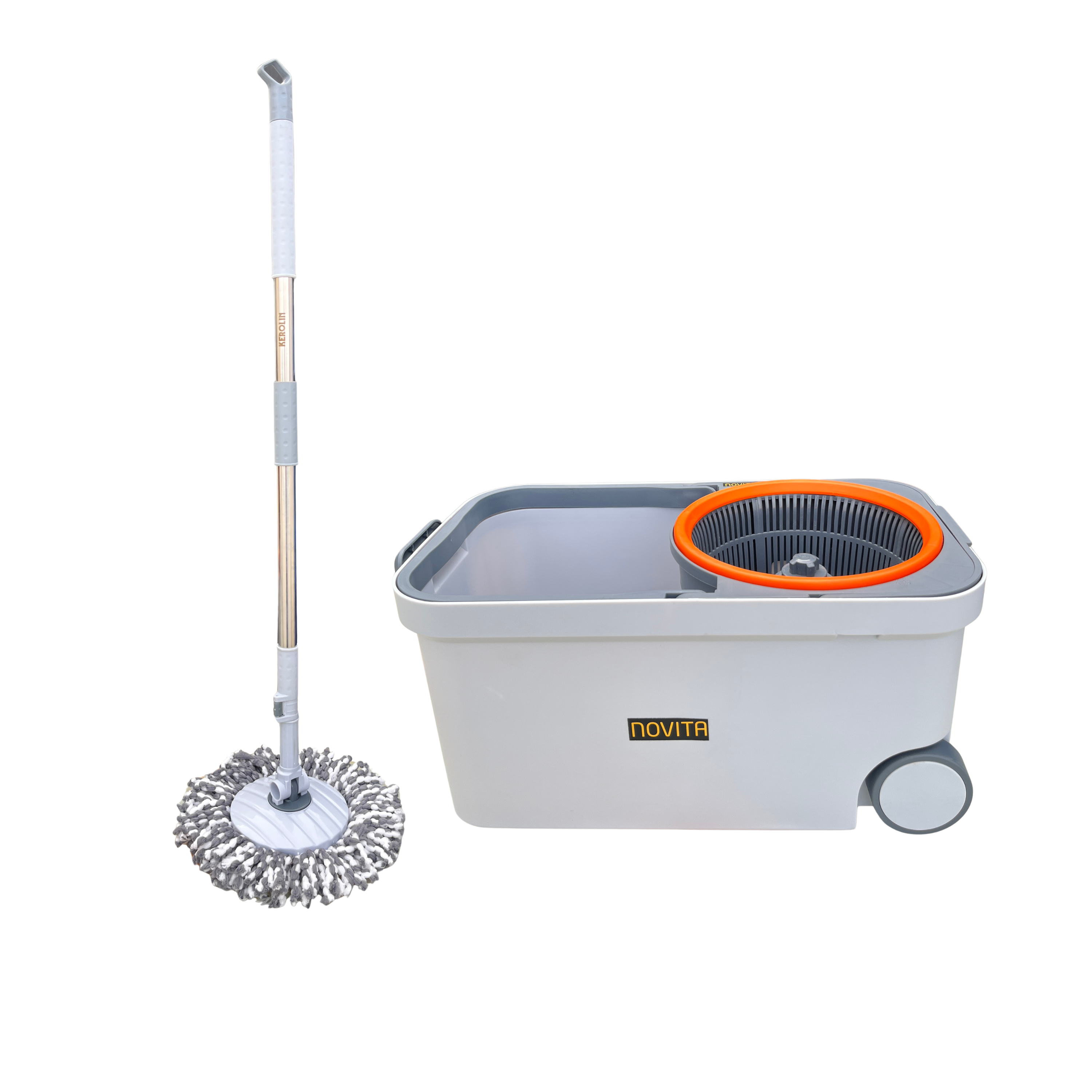 NOVITA 360° Spin Mop & Bucket Set with Stainless Steel Handle, Quick-Dry Microfiber Head & Spin Wringer – Grey