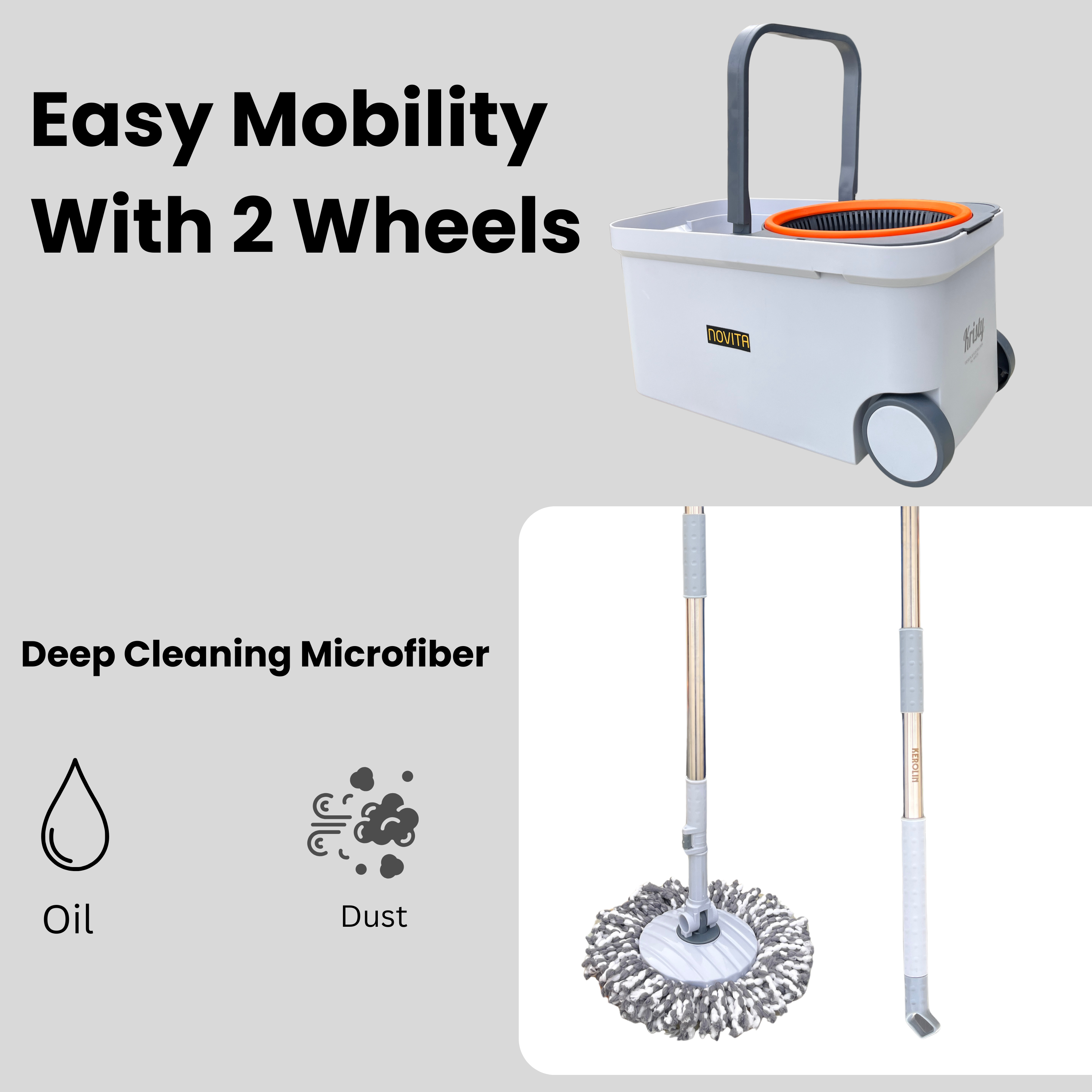 NOVITA 360° Spin Mop & Bucket Set with Stainless Steel Handle, Quick-Dry Microfiber Head & Spin Wringer – Grey