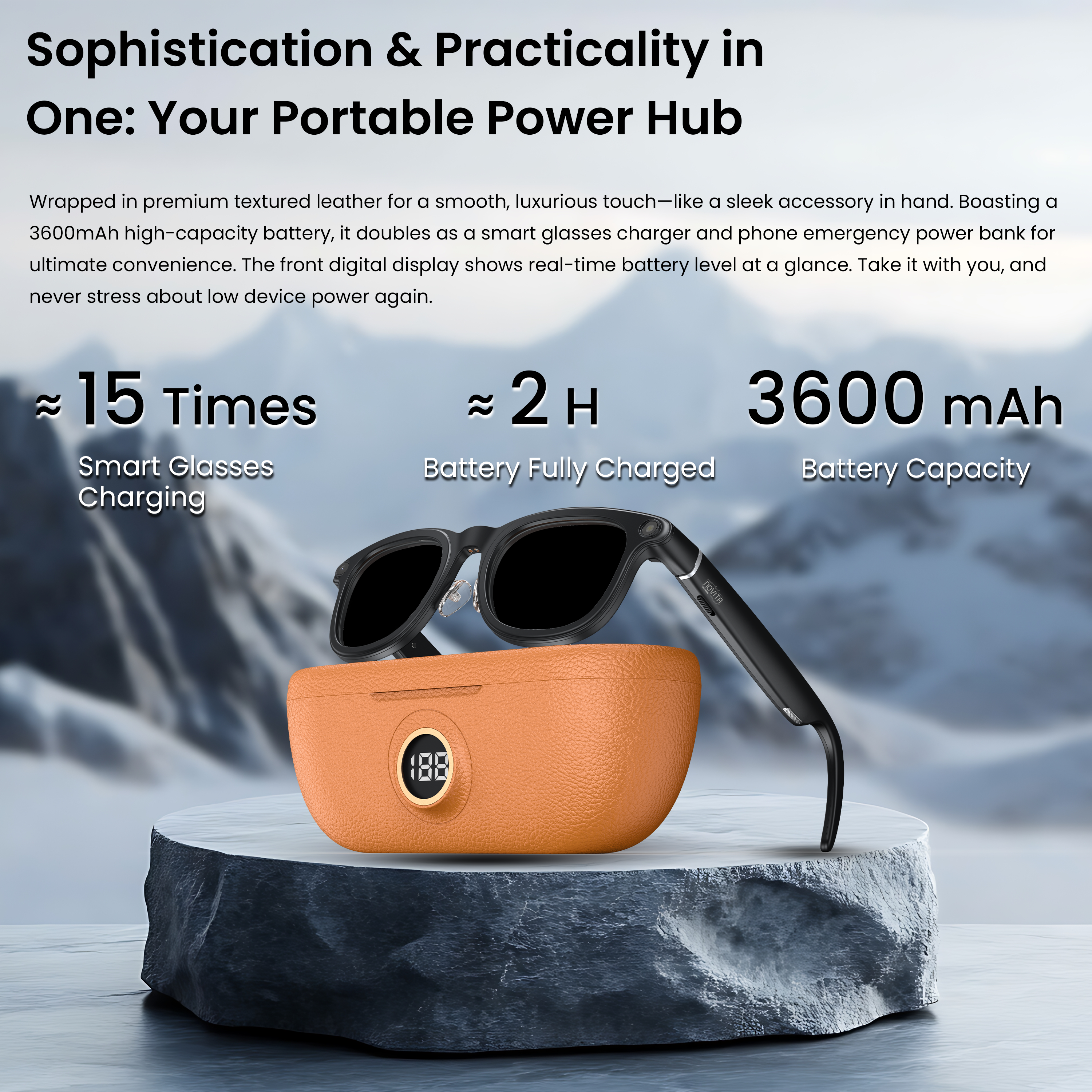 Novita Smart AI Sunglasses Glasses 8MP Sony Camera Video Recording Charging Case (Black)