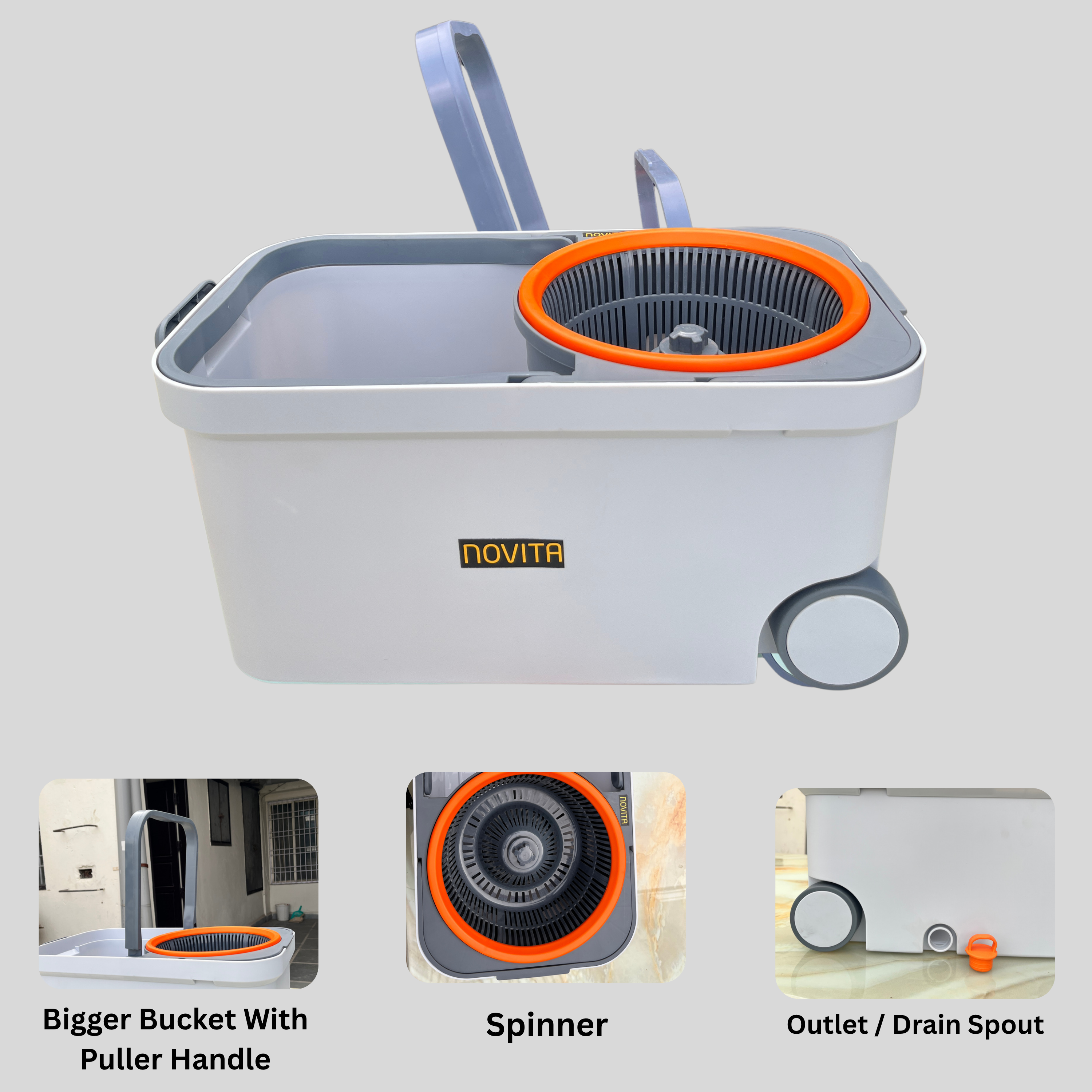 NOVITA 360° Spin Mop & Bucket Set with Stainless Steel Handle, Quick-Dry Microfiber Head & Spin Wringer – Grey