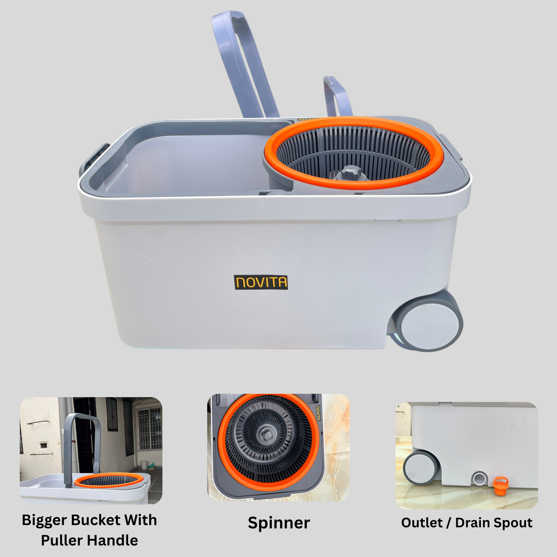 NOVITA 360° Spin Mop & Bucket Set with Stainless Steel Handle, Quick-Dry Microfiber Head & Spin Wringer – Grey
