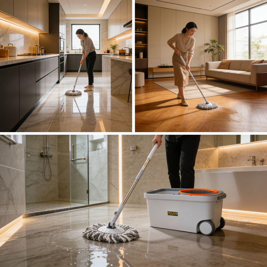 NOVITA 360° Spin Mop & Bucket Set with Stainless Steel Handle, Quick-Dry Microfiber Head & Spin Wringer – Grey