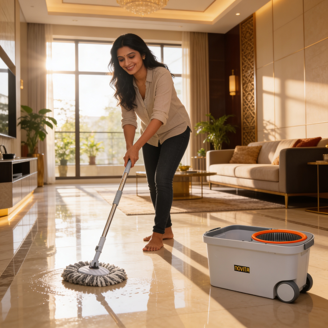 NOVITA 360° Spin Mop & Bucket Set with Stainless Steel Handle, Quick-Dry Microfiber Head & Spin Wringer – Grey