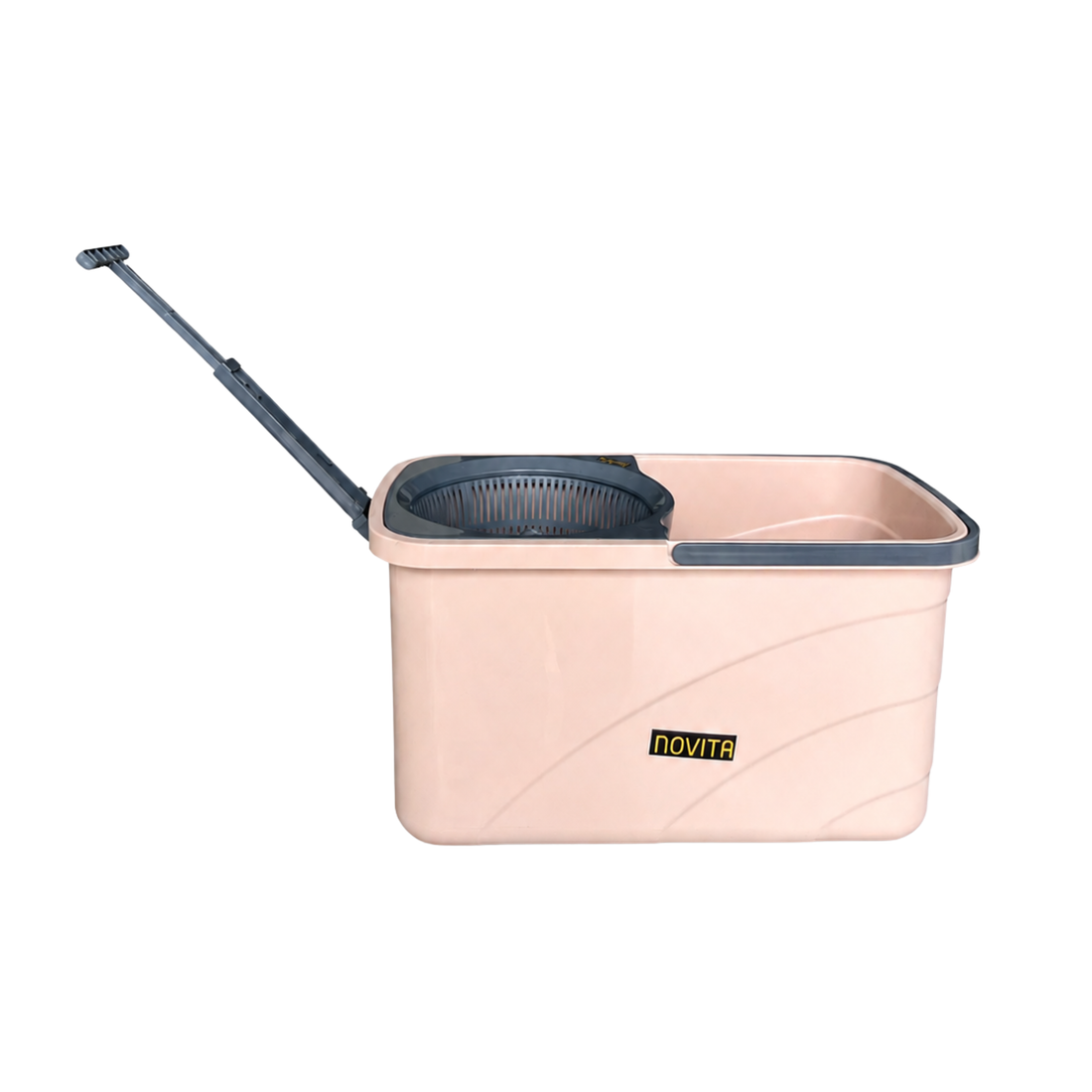 NOVITA 360° Spin Mop & Bucket with Wheels, Steel Handle, Microfiber Head & Drain Outlet – Peach & Black