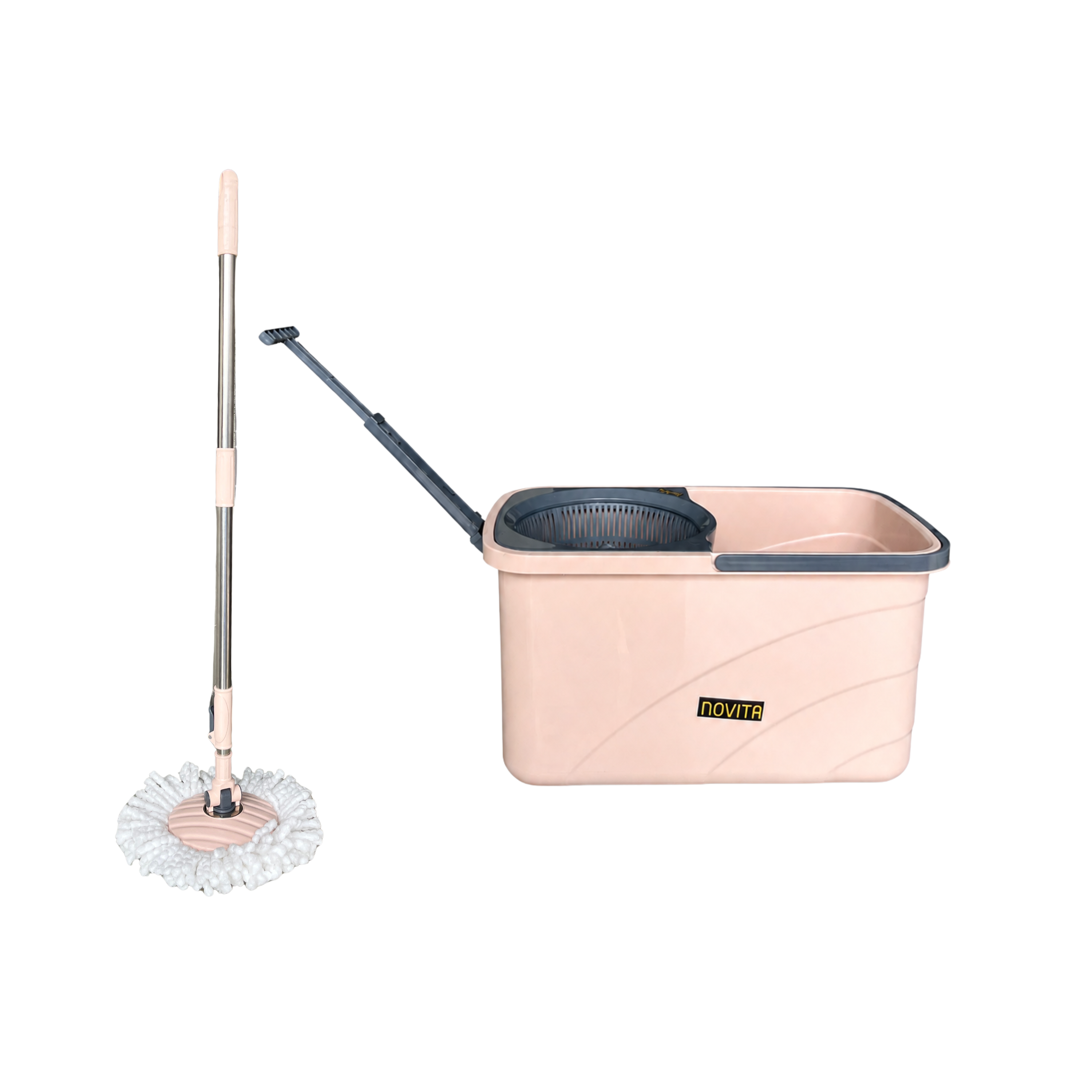 NOVITA 360° Spin Mop & Bucket with Wheels, Steel Handle, Microfiber Head & Drain Outlet – Peach & Black