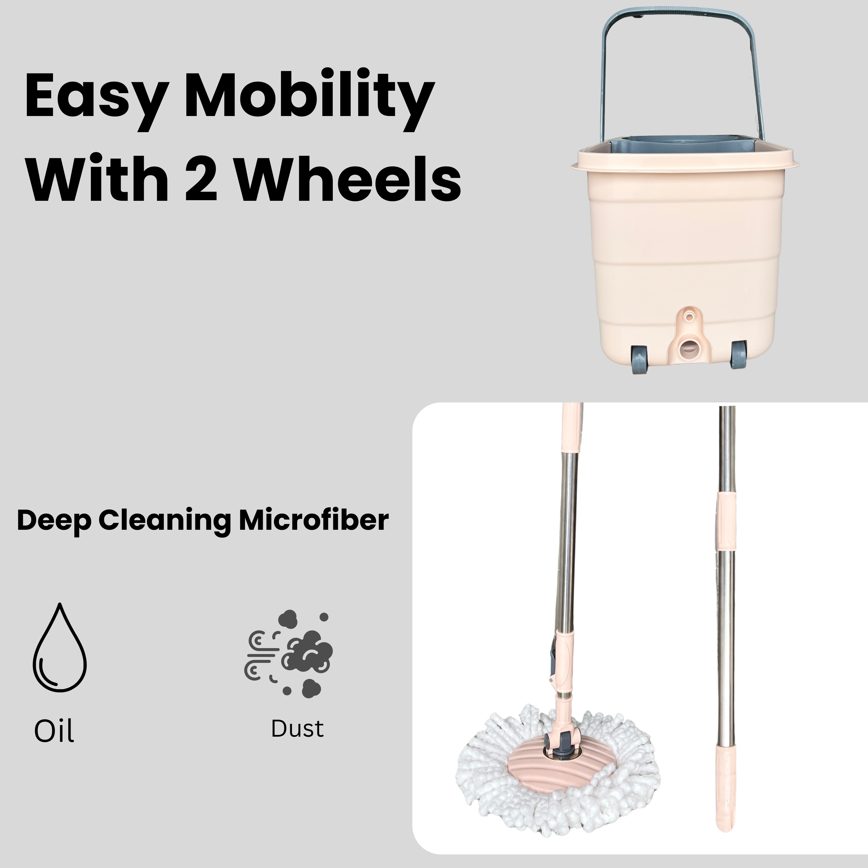 NOVITA 360° Spin Mop & Bucket with Wheels, Steel Handle, Microfiber Head & Drain Outlet – Peach & Black