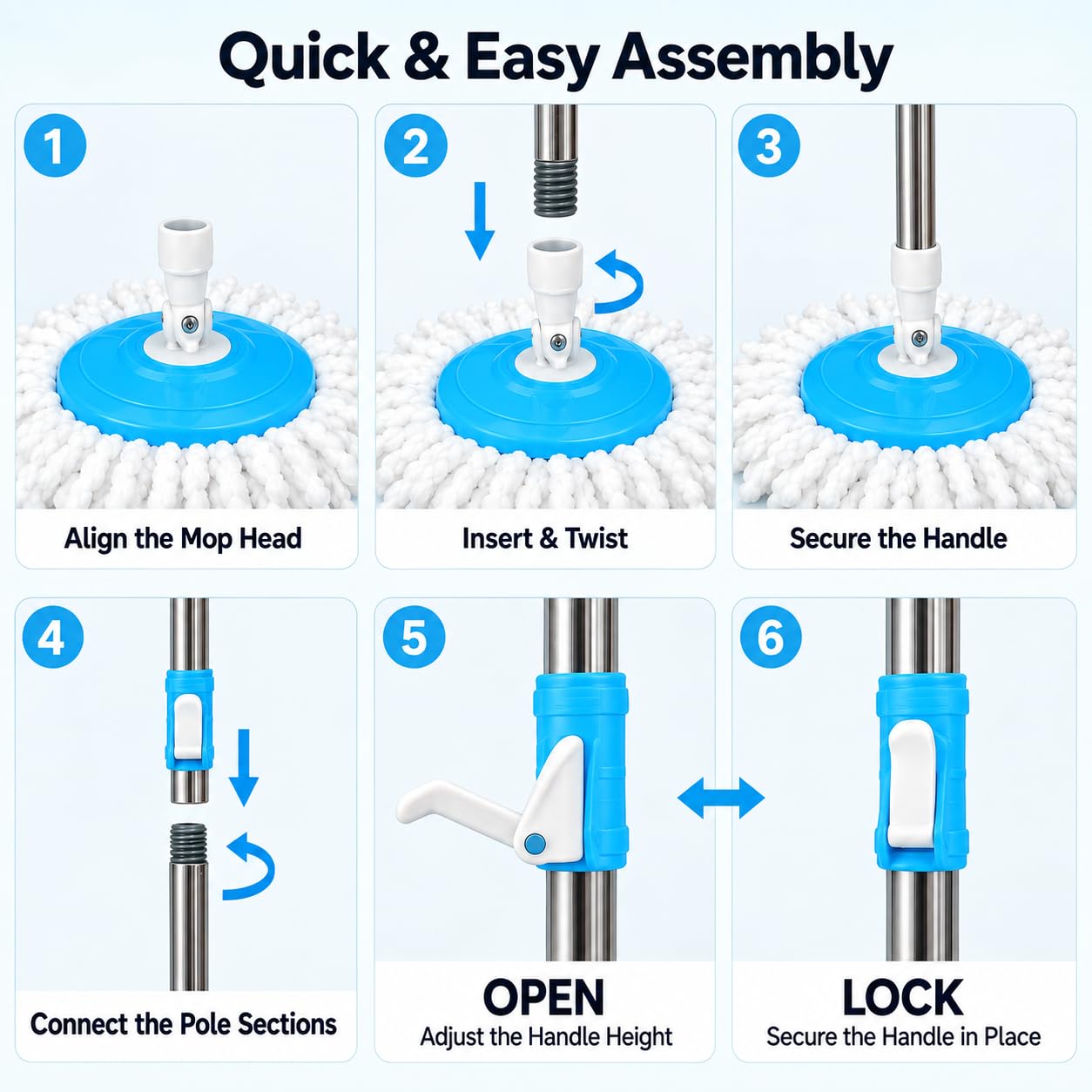 Novita Lite Bucket Spin Mop Set with Easy Wring & Rinse System | 360° Telescopic Adjustable Handle | High Absorbency Microfiber Floor Mop | Removable Wringer | Bucket Set with 1 Extra Refill (Blue)