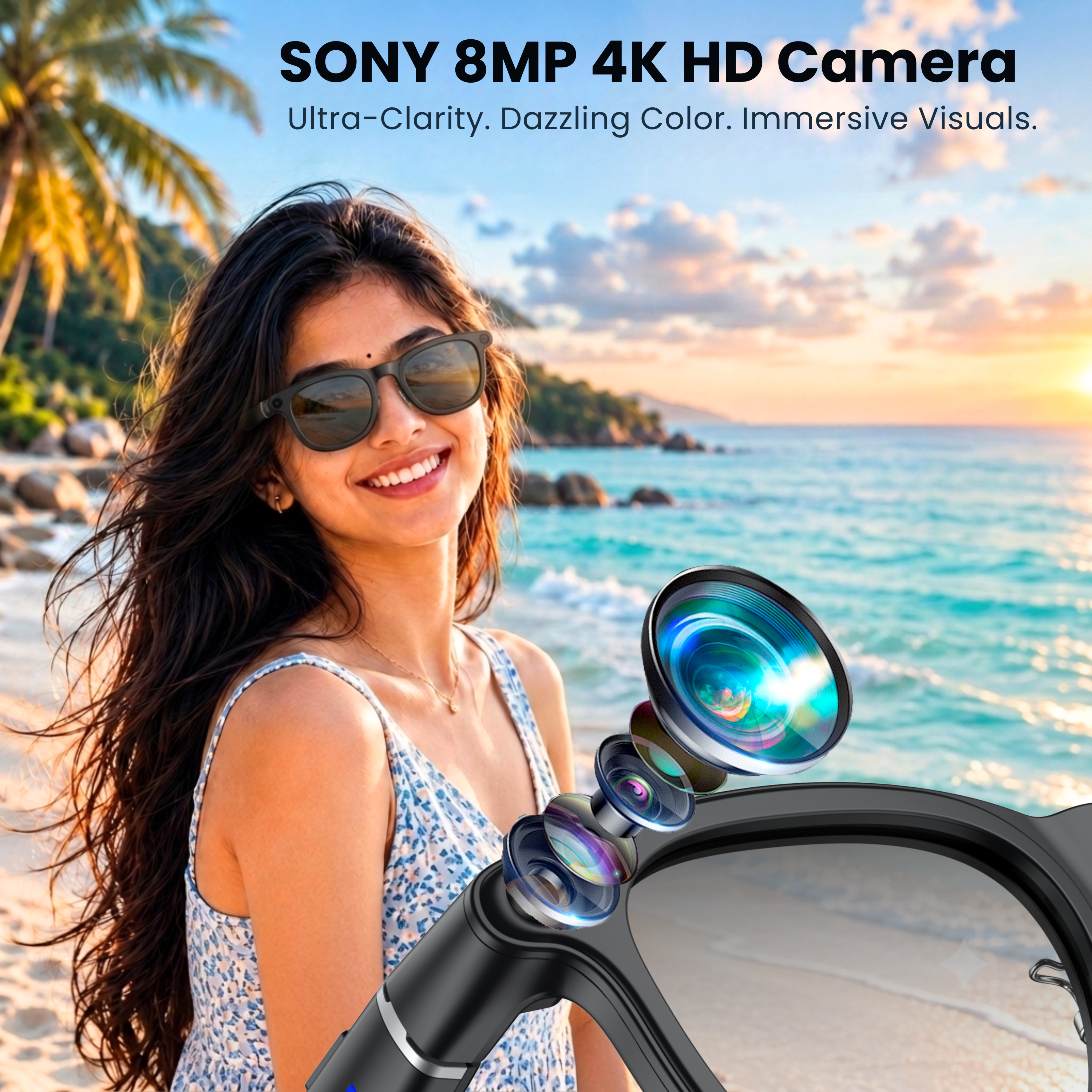 Novita Smart AI Photochromic Glasses 8MP Sony Camera Video Recording Charging Case (Black)