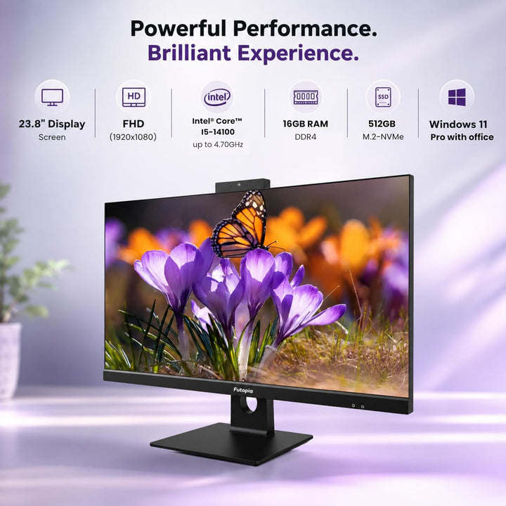 FUTOPIA A112261 All-in-One Desktop PC | Intel Core i5-14400 | 23.8" Full HD IPS Display | 16GB DDR4 RAM | 512GB NVMe SSD | Windows 11 Pro | WiFi 6 | Webcam & Mic