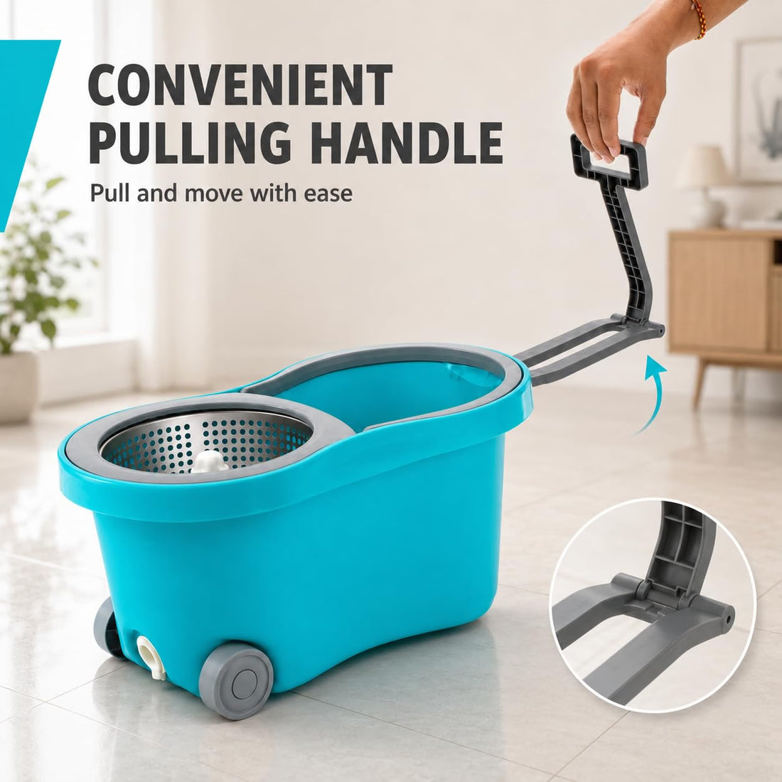 Novita 360° Spin Mop Bucket Set | Steel Jali with Heavy Smart System | Easy Rinse | Telescopic Microfiber Mop |1+1 Refill | Pocha | Wheels | Removes Over 99%* Bacteria- (Aqua Blue)