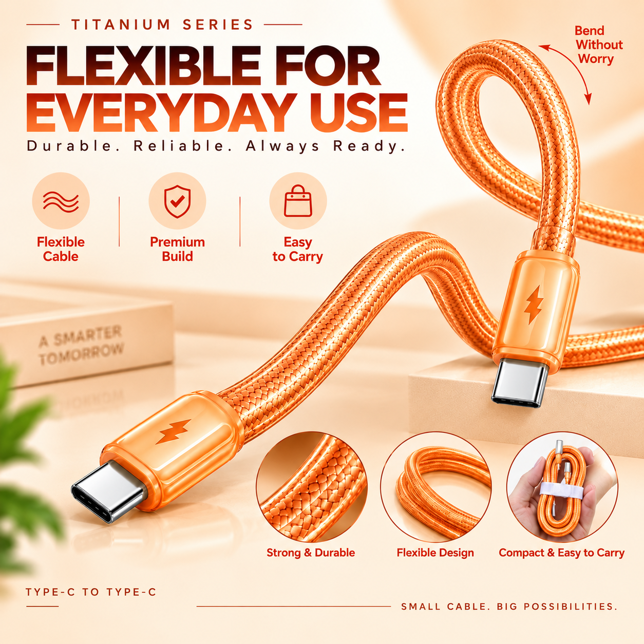 Futopia Titanium Series Low-Temperature Crystal Cable, Type-C to Type-C 100W Fast Charging, Compatible with iPhone 15–17 & Android