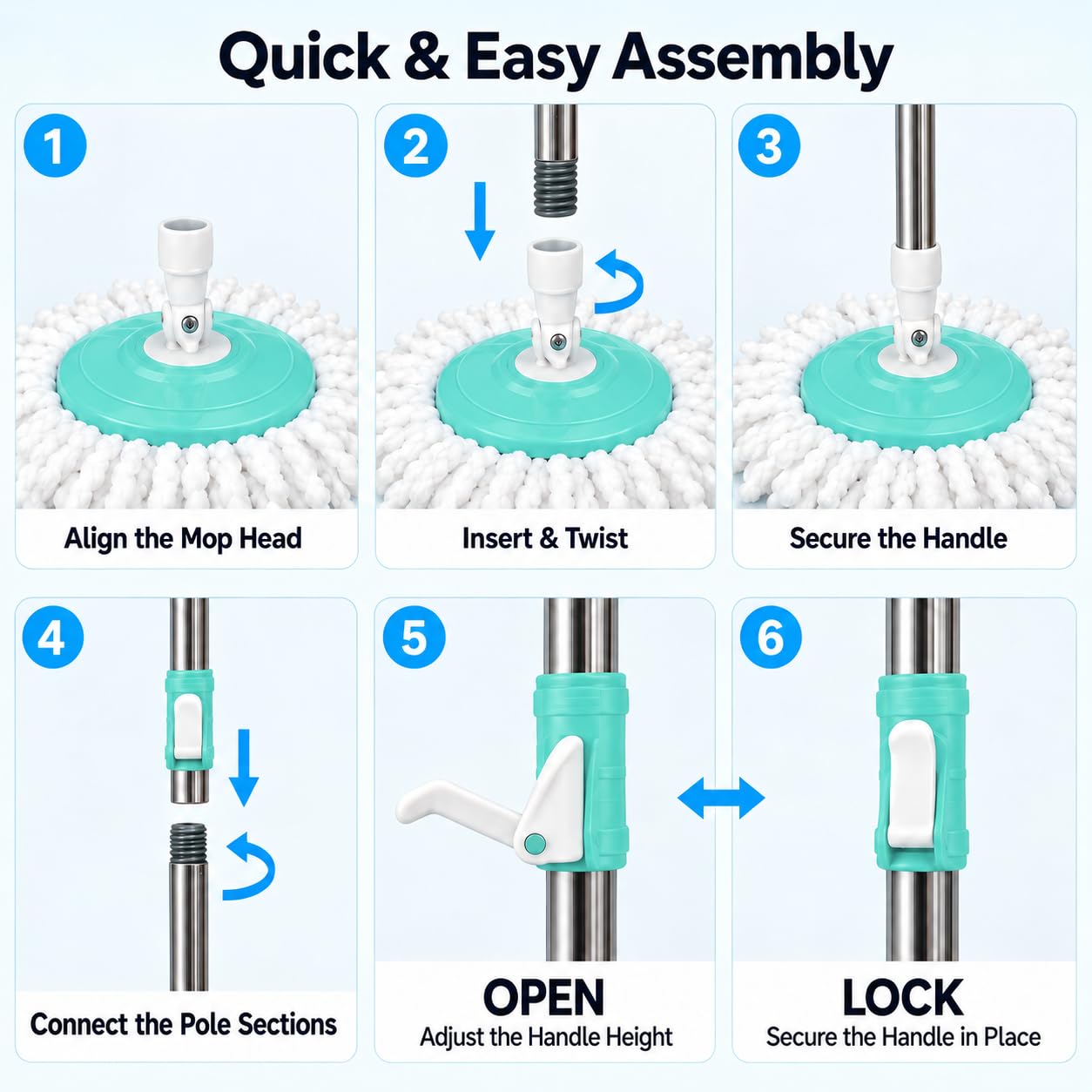 Novita Lite Twin Bucket Spin Mop with Easy Wring & Rinse System | 360° Telescopic Adjustable Handle, High Absorbency Microfiber Floor Mop | Removable Wringer Bucket Set with 1 Extra Refill (Aqua Green)