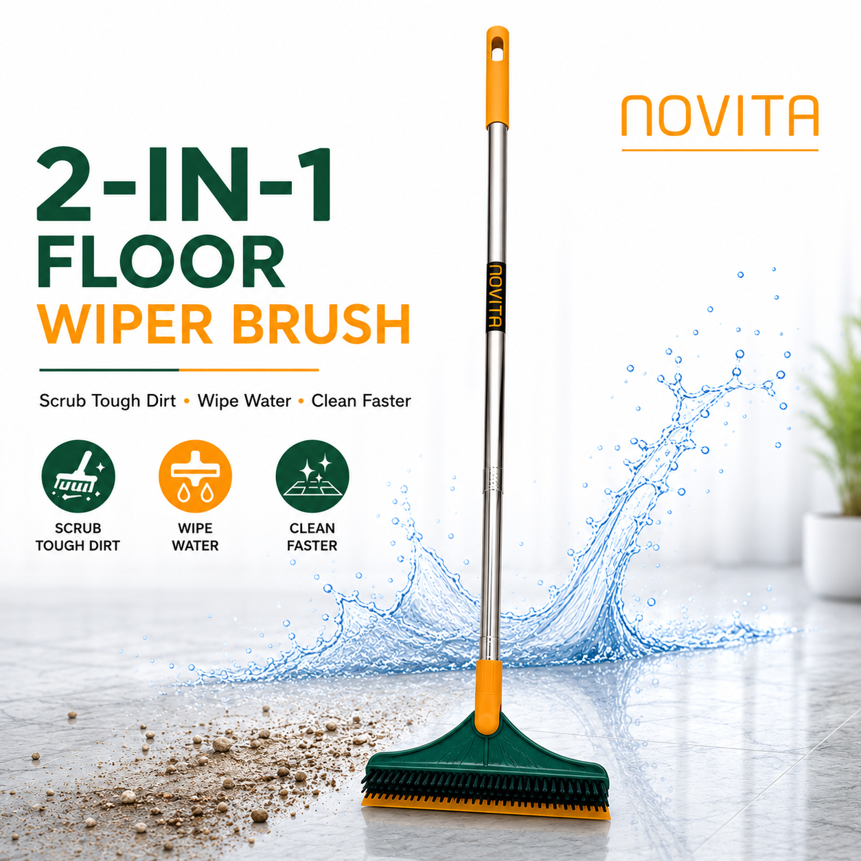 Novita 3-in-1 Bathroom Cleaning Brush with Wiper, Long Handle 180° Rotating Floor Scrub Brush, Hard Bristle Tile & Toilet Cleaning Brush for Bathroom, Kitchen