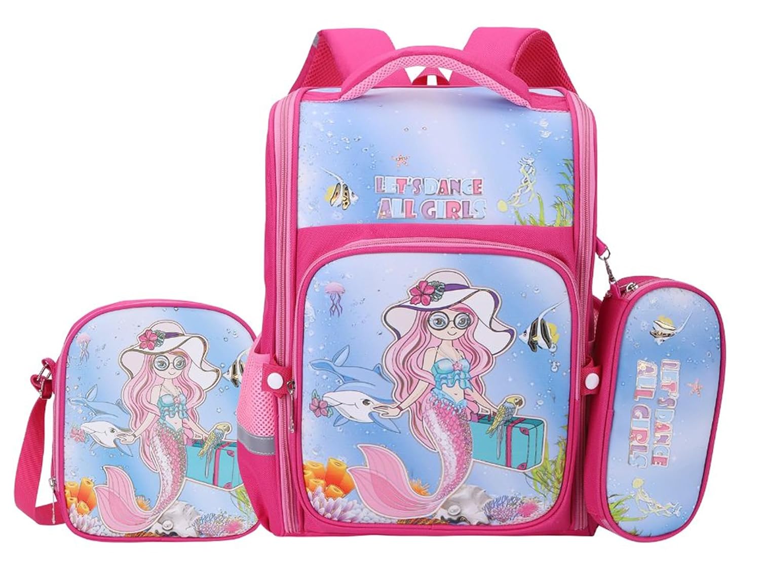 Kids' School Bag 3-Piece Set: Assorted Cartoon Characters Backpack with Matching Lunch Bag & Pencil Case - Durable & Fun for Boys & Girls (2 Chain with 2 Side Pocket)