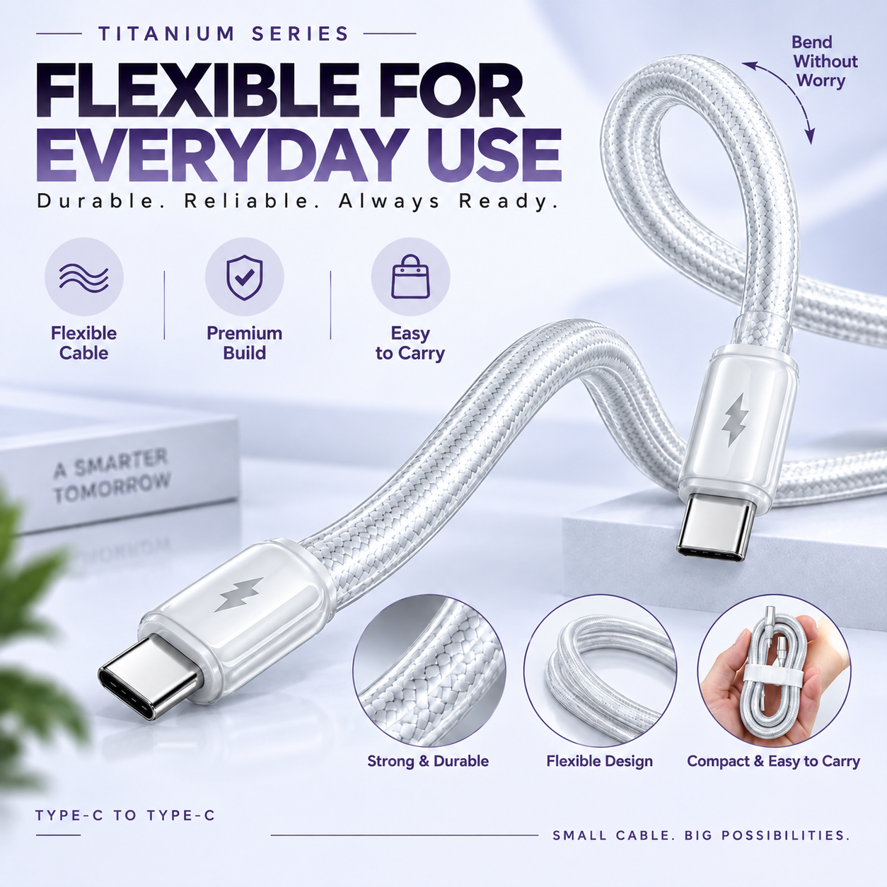 Futopia Titanium Series Low-Temperature Crystal Cable, Type-C to Type-C 100W Fast Charging, Compatible with iPhone 15–17 & Android