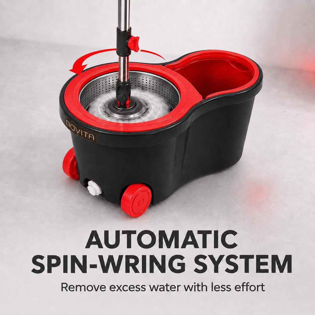 Novita 360° Spin Mop Bucket Set | Steel Jali with Heavy Smart System | Easy Rinse | Telescopic Microfiber Mop |1+1 Refill | Pocha | Wheels | Removes Over 99%* Bacteria- (Red & Black)