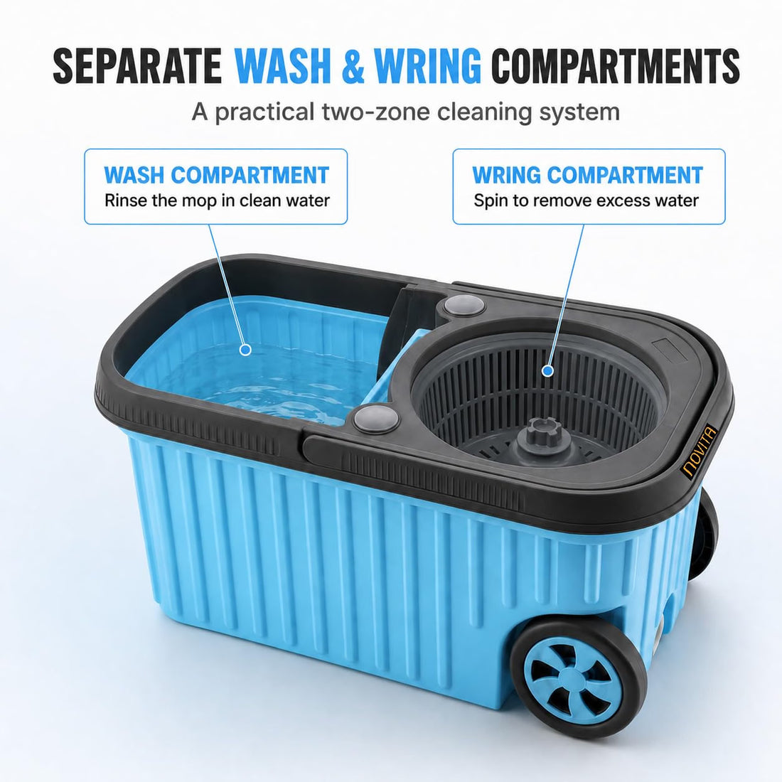 Novita 360° Spin Mop Bucket Set | Plastic Jali with Heavy Smart System | Easy Rinse | Telescopic Microfiber Mop |1+1 Refill | Pocha | Big Wheels | Removes Over 99%* Bacteria- (Blue)