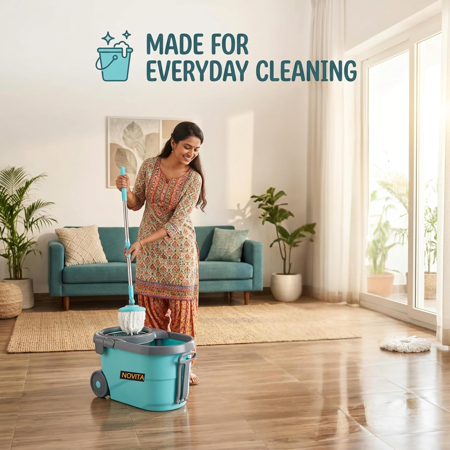 NOVITA 360° Spin Mop & Bucket with Wheels Floor Cleaning Spin Mop Bucket with Large Wheels, Adjustable Handle & 2 Microfiber Refills – Blue