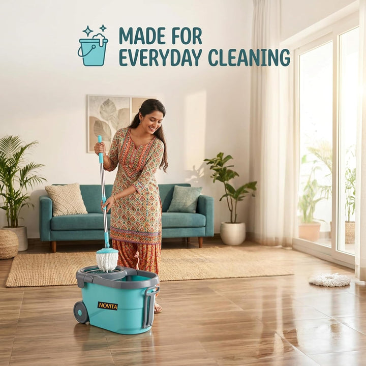 NOVITA 360° Spin Mop & Bucket with Wheels Floor Cleaning Spin Mop Bucket with Large Wheels, Adjustable Handle & 2 Microfiber Refills – Blue