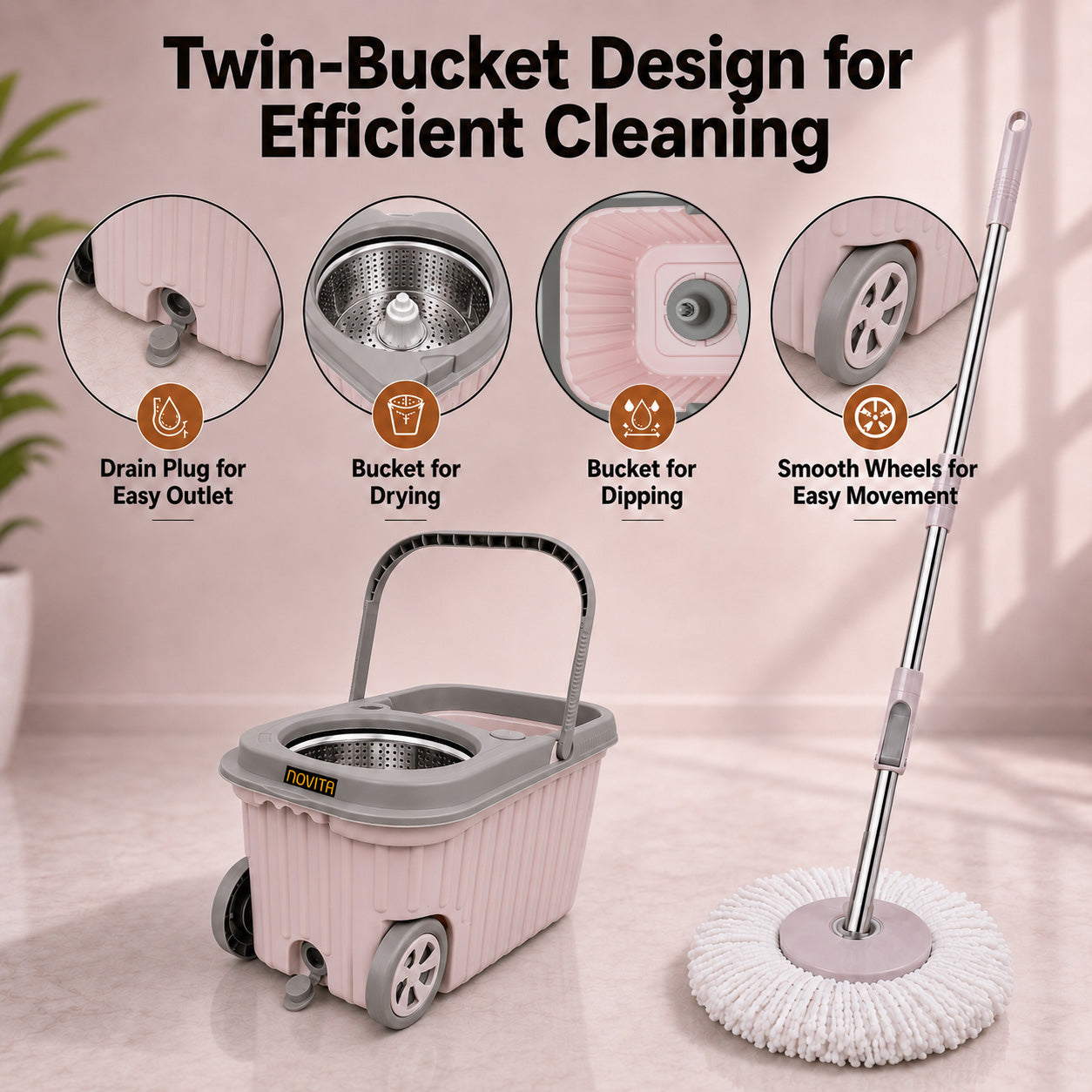 Novita Premium 360° Spin Mop Bucket Set | Steel Jali with Heavy Smart System | Easy Rinse | Telescopic Microfiber Mop & Soap Dispenser |1+1 Refill | Pocha | Big Wheels | Removes Over 99%* Bacteria