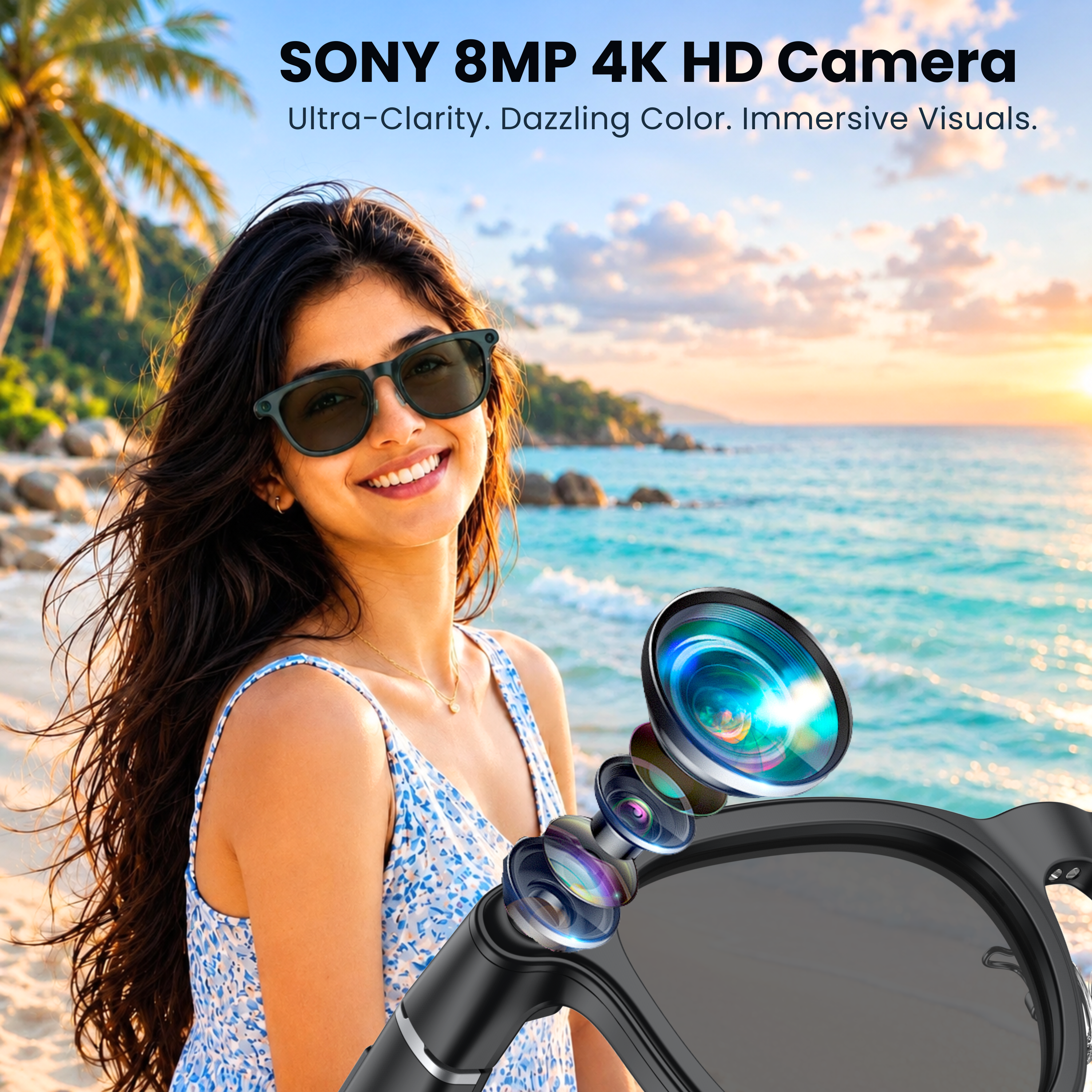 Novita Smart AI Sunglasses Glasses 8MP Sony Camera Video Recording Charging Case (Black)