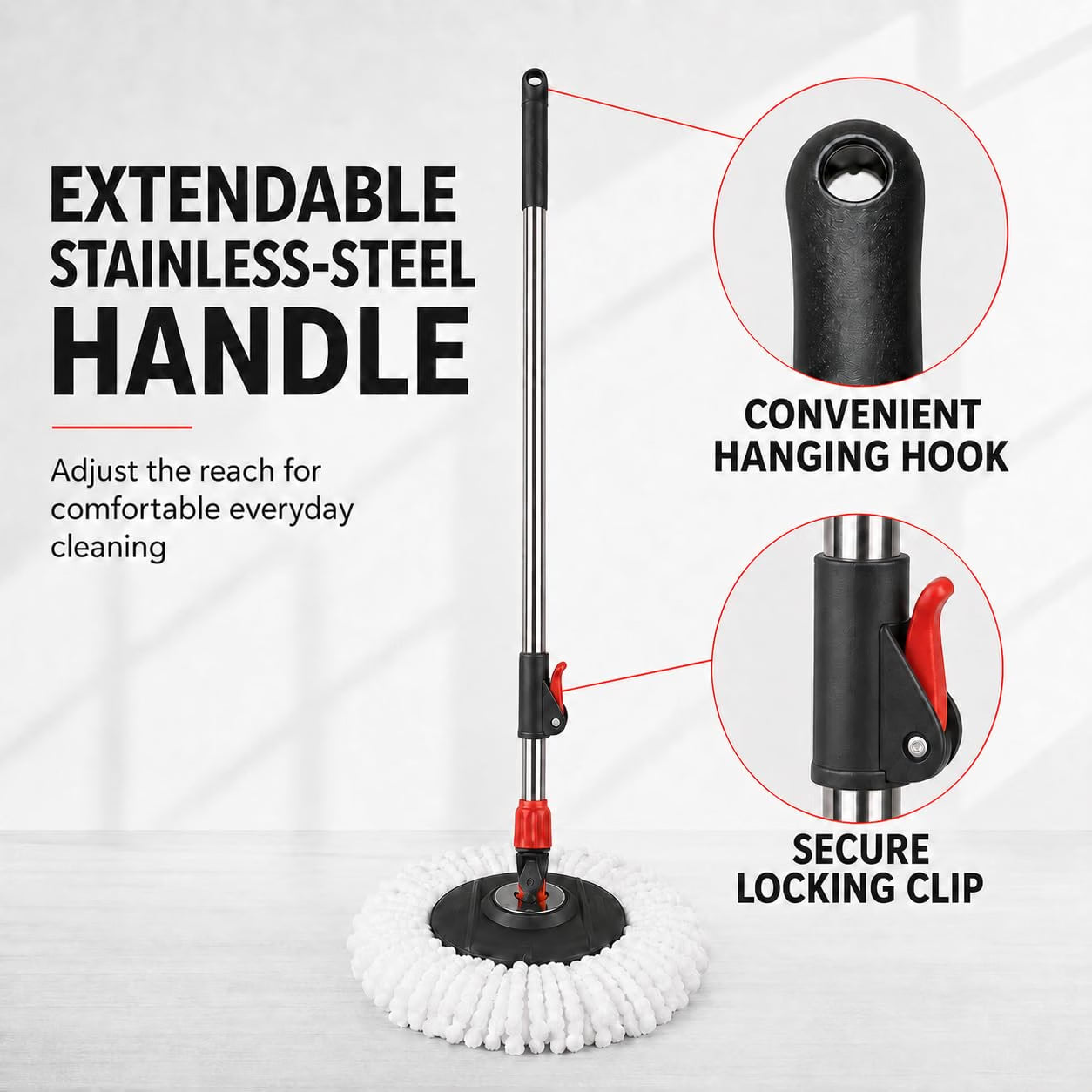Novita 360° Spin Mop Bucket Set | Plastic Jali with Smart System | Easy Rinse | Telescopic Microfiber Mop |1+1 Refill | Pocha | Wheels | Removes Over 99%* Bacteria- (Red & Black)