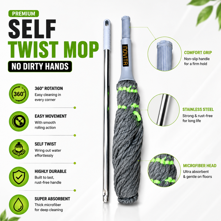 Novita Self-Wringing Twist Mop – Easy Squeeze Floor Cleaner with 360 Degree Rotation, Extendable Stainless Steel Long Handle & Super Absorbent Microfiber Heads for Home & Office Floor Cleaning