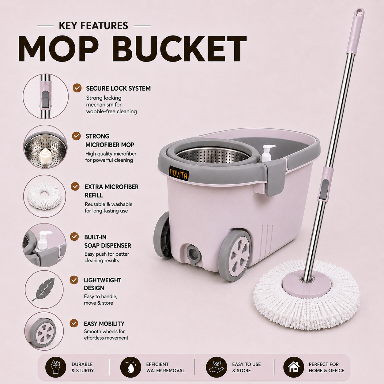 Novita Premium 360° Spin Mop Bucket Set | Steel Jali with Heavy Smart System | Easy Rinse | Telescopic Microfiber Mop & Soap Dispenser |1+1 Refill | Pocha | Big Wheels | Removes Over 99%* Bacteria